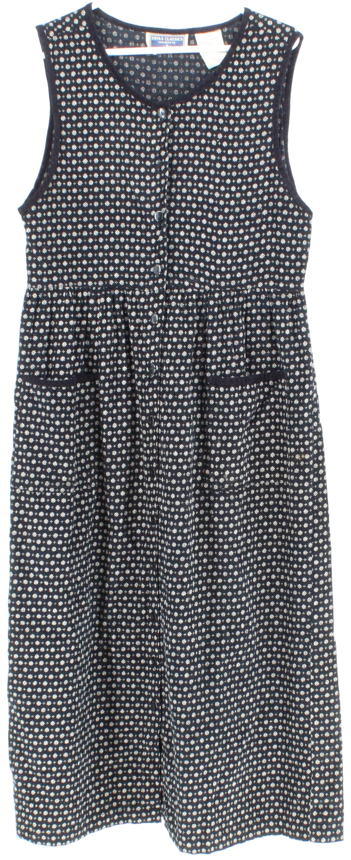 Erika Classics Black and Off White Flower Print Corduroy Sleeveless Dress