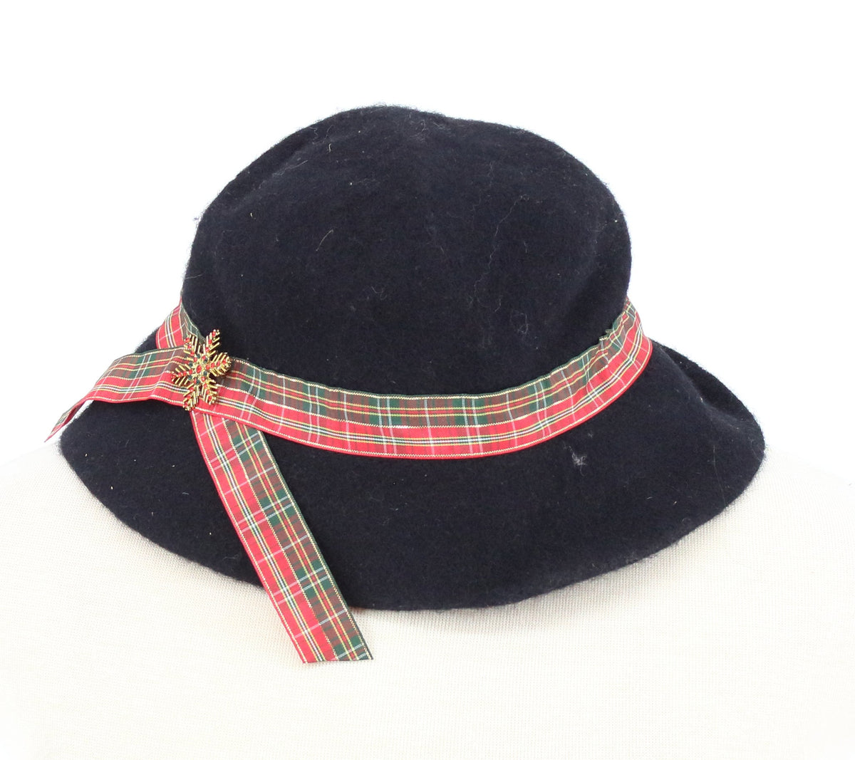 MIXIT Black Wool Hat With Checkered Ribbon And Brooch