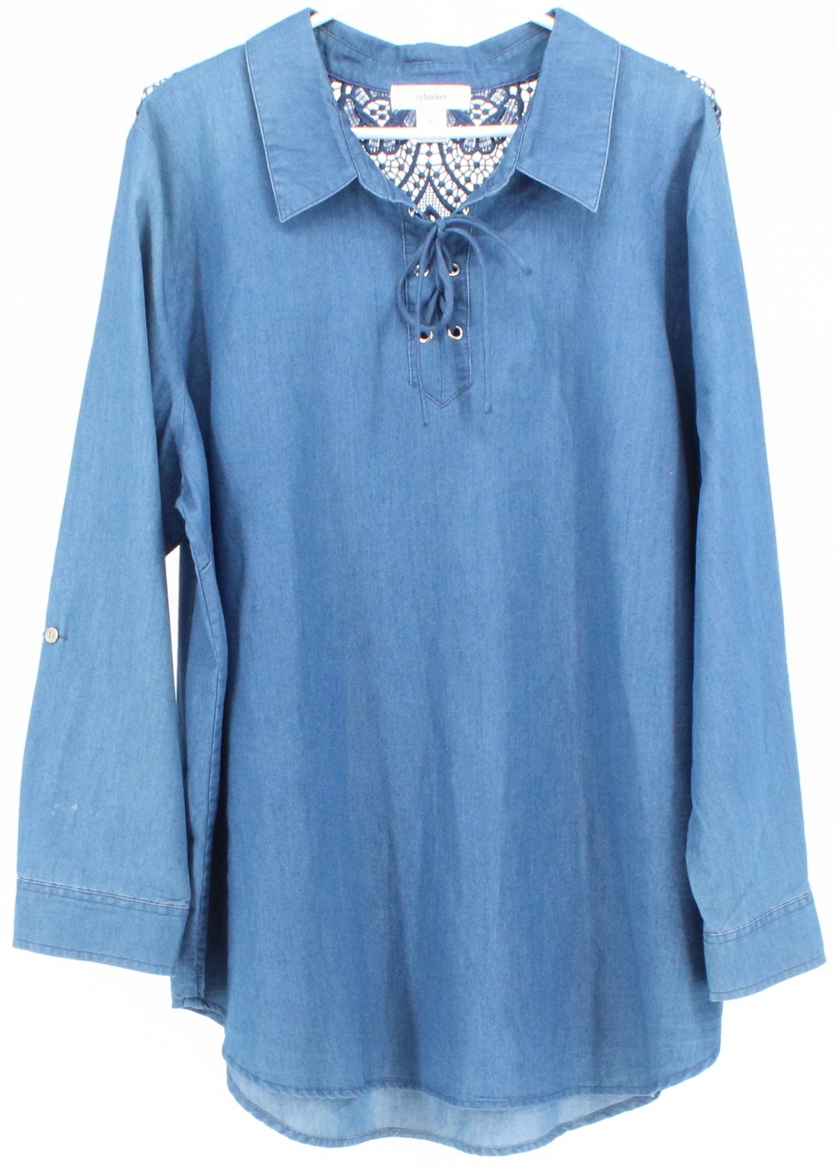 CJ Banks Blue Chambray Long Sleeve Top With Back Guipure Detail