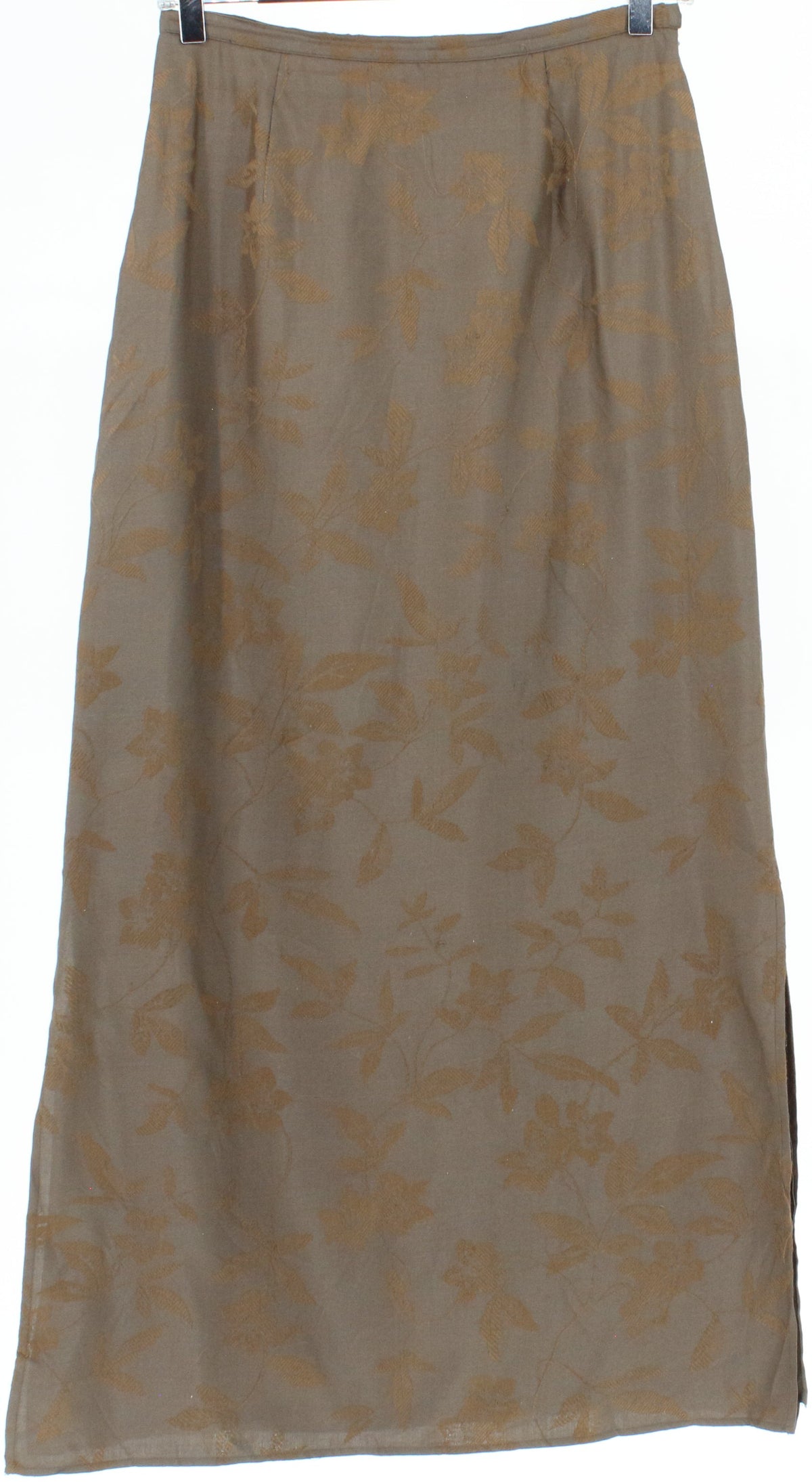 Banana Republic Army Green Long Silk Skirt With Brown Flowers Print