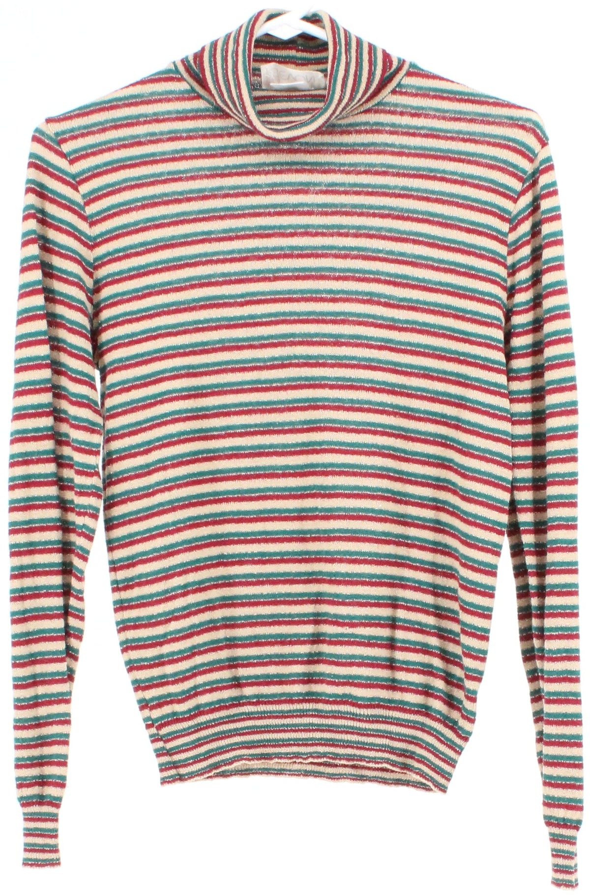 Devon Beige Burgundy & Green Striped Turtleneck Knit Sweater