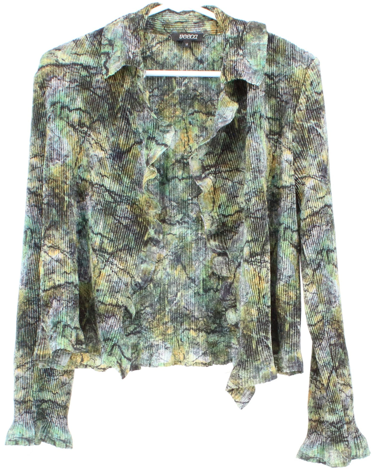 Veeca Green Print Pleated Open Front Top