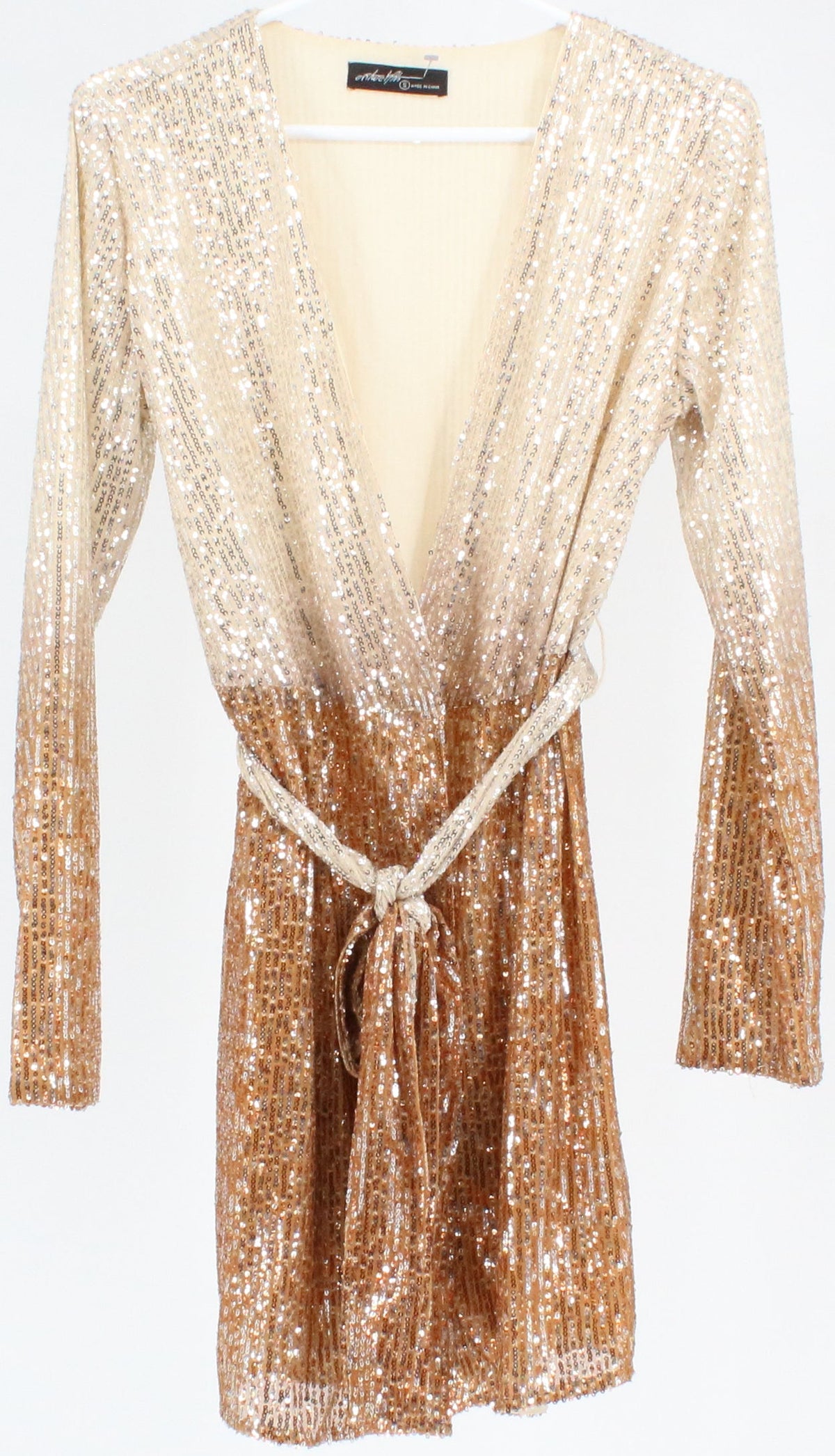 Ontwelfth Beige and Brown Sequins Long Sleeve Wrap Dress