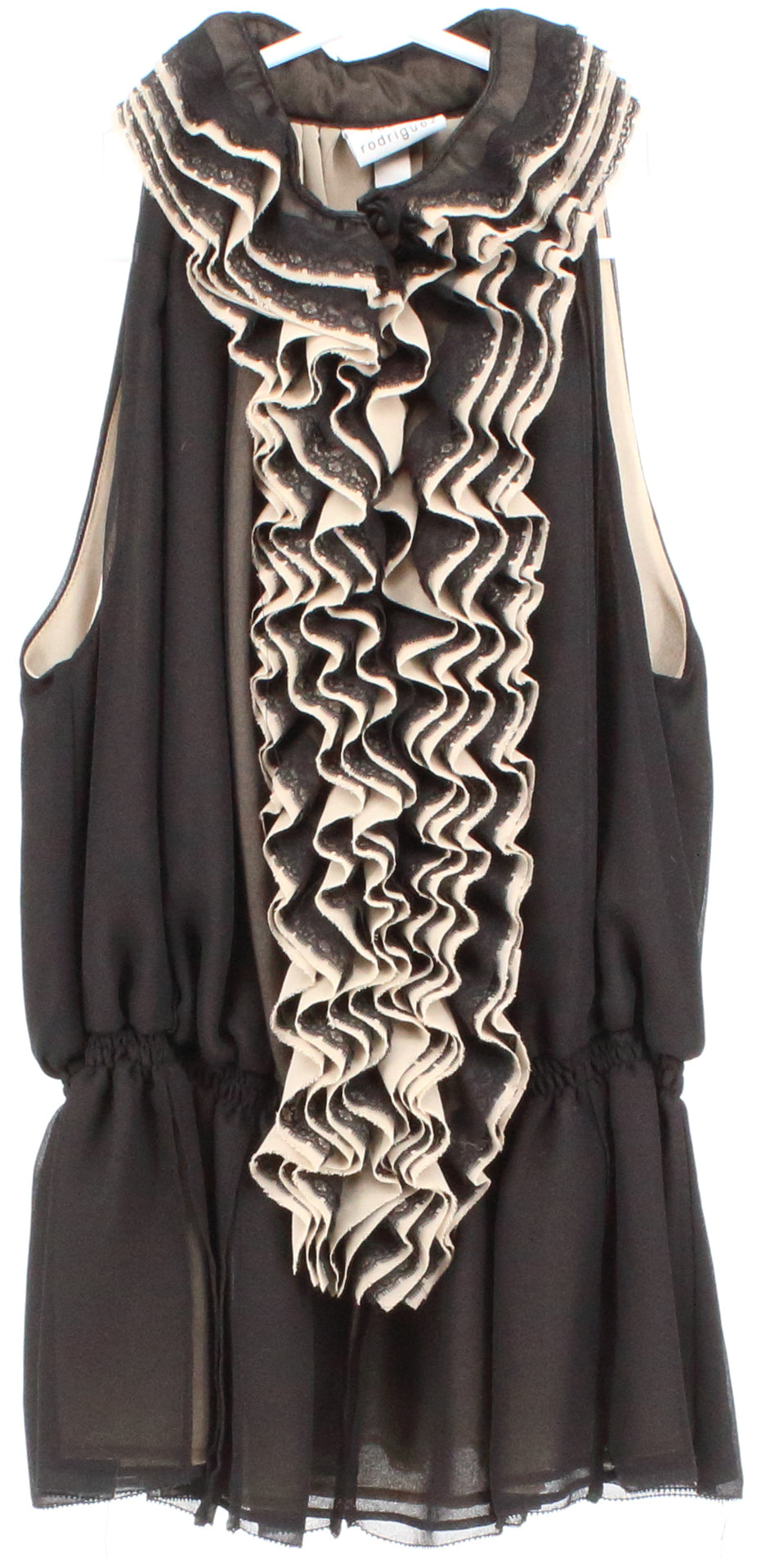 Robert Rodriguez Black and Beige Ruffle Sleeveless Top