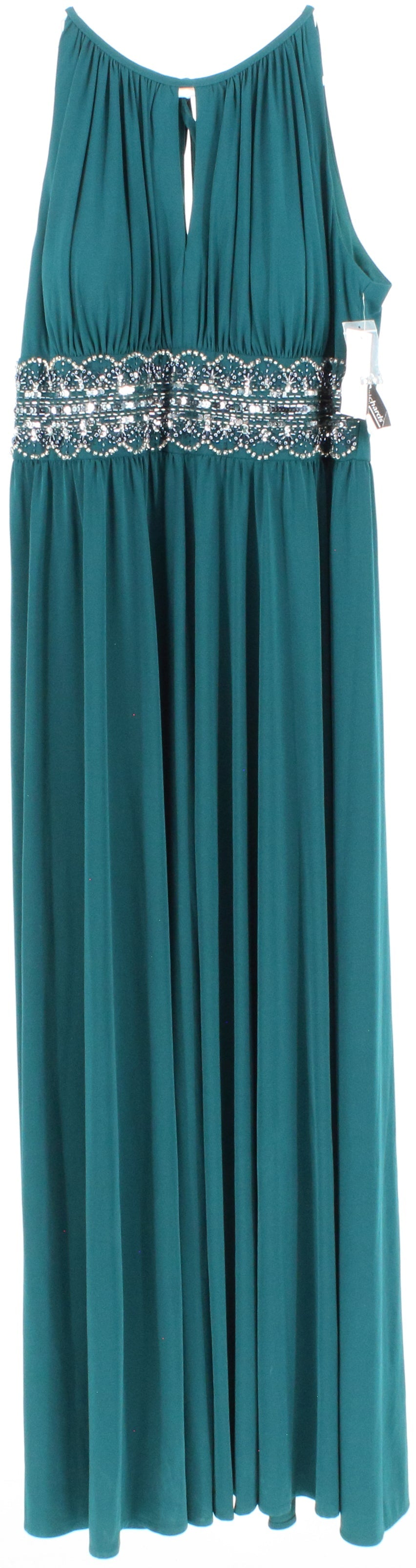 R&M Richards Dark Green Front Embroidery Long Dress
