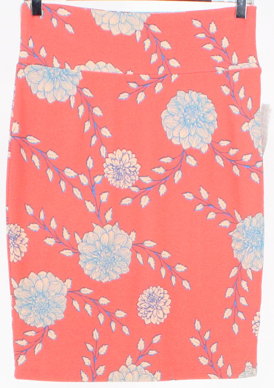 Lula Roe Coral Beige and Blue Floral Print Skirt