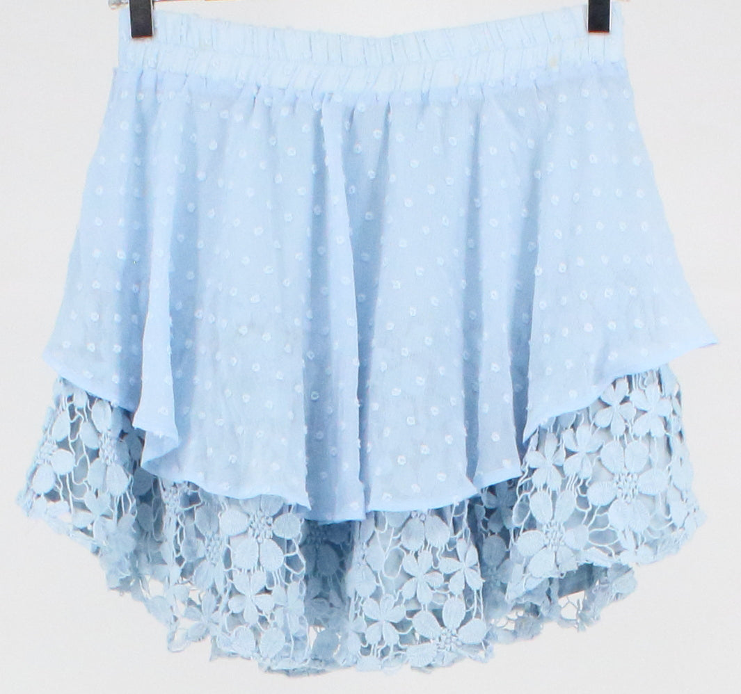 Angel Biba Light Blue Dots Textured Mini Skirt With Guipure