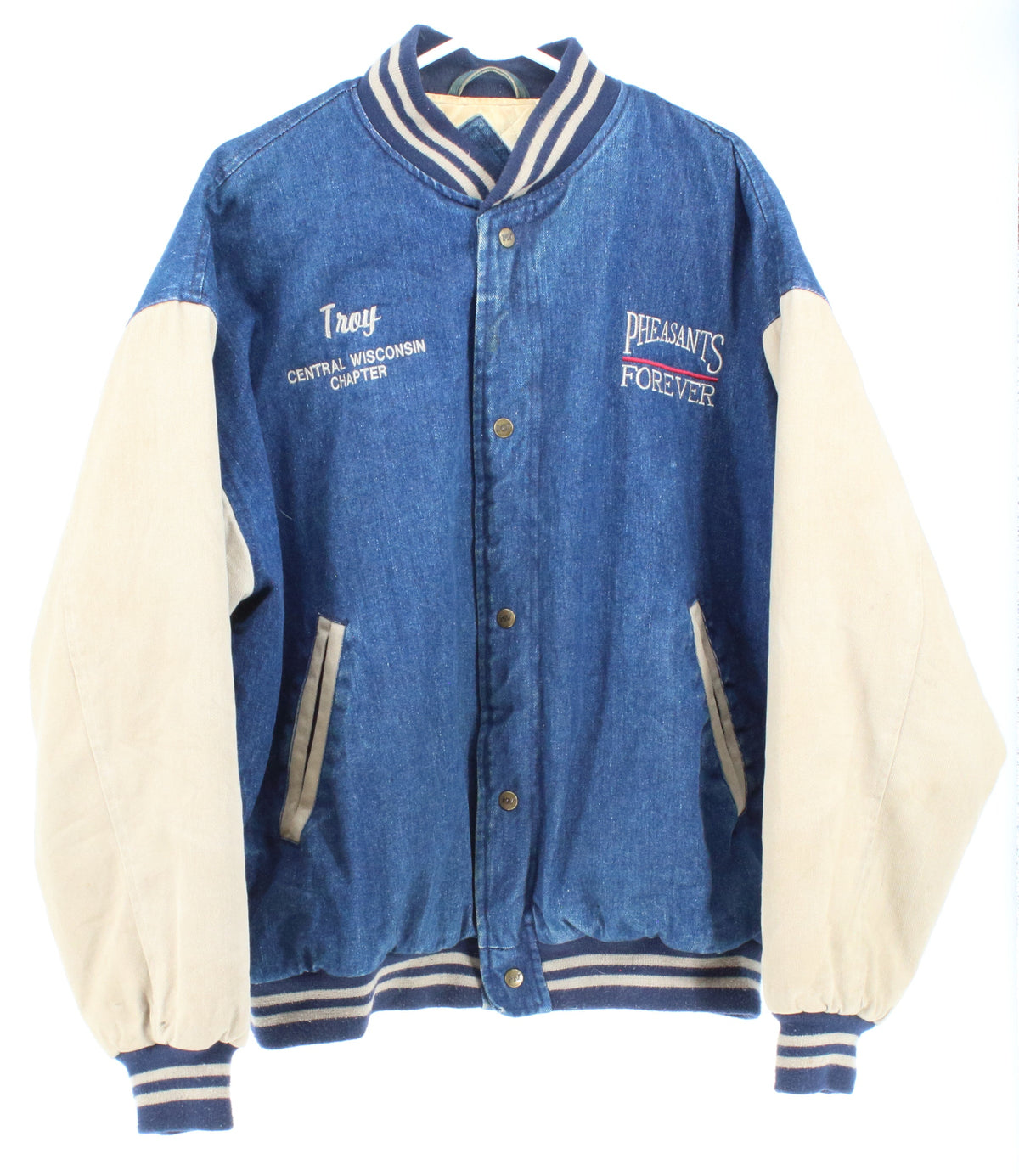 MV Sport Blue With Beige Sleeve Pheasants Forever Back Embroidered Bomber Jacket