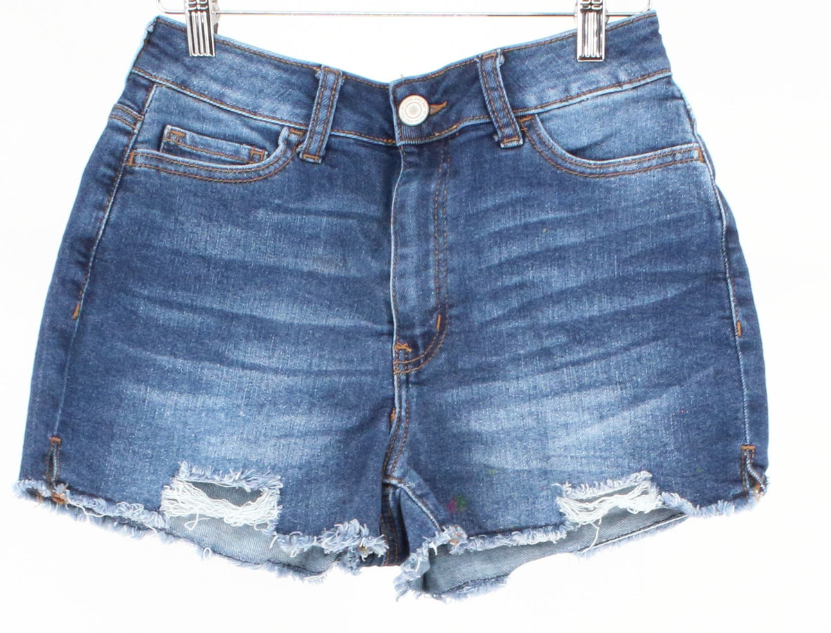 So Good For Life Super High Rise Curvy Blue Denim Shorts With Distressed Bottom