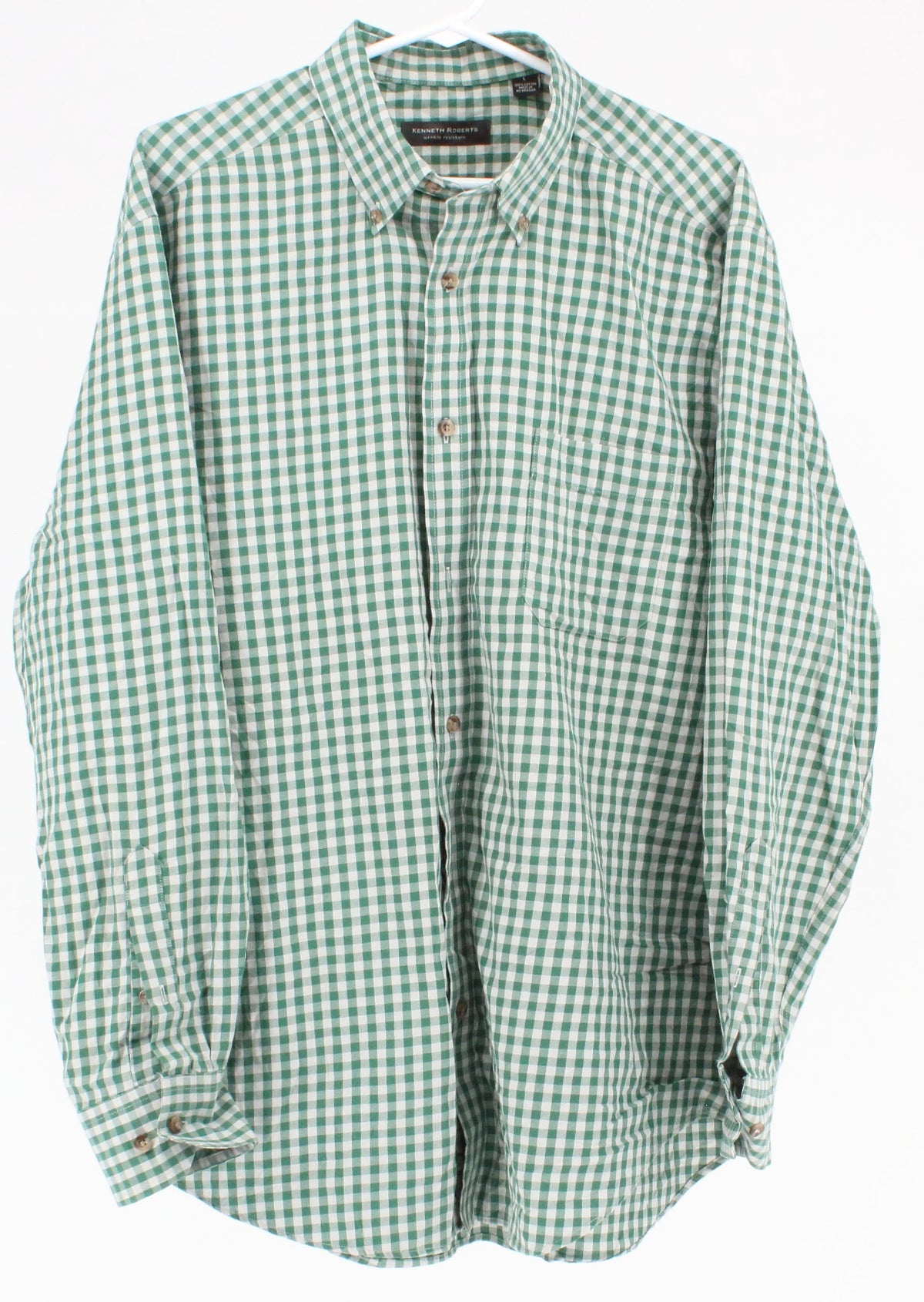 Kenneth Roberts Wrinkle Resistant Green & White Check Print Shirt