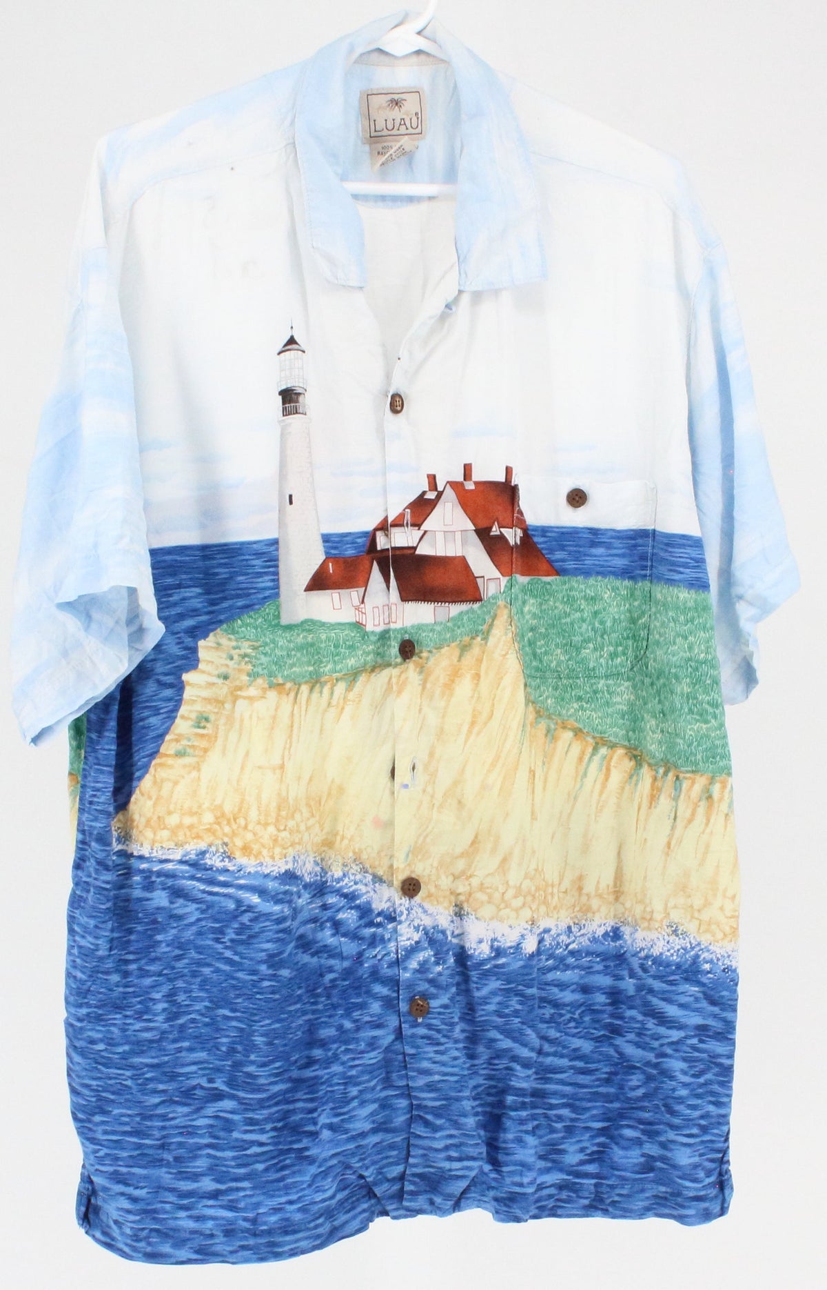 Luau Blue Light House Ocean Front & Back Print Short Sleeve Shirt