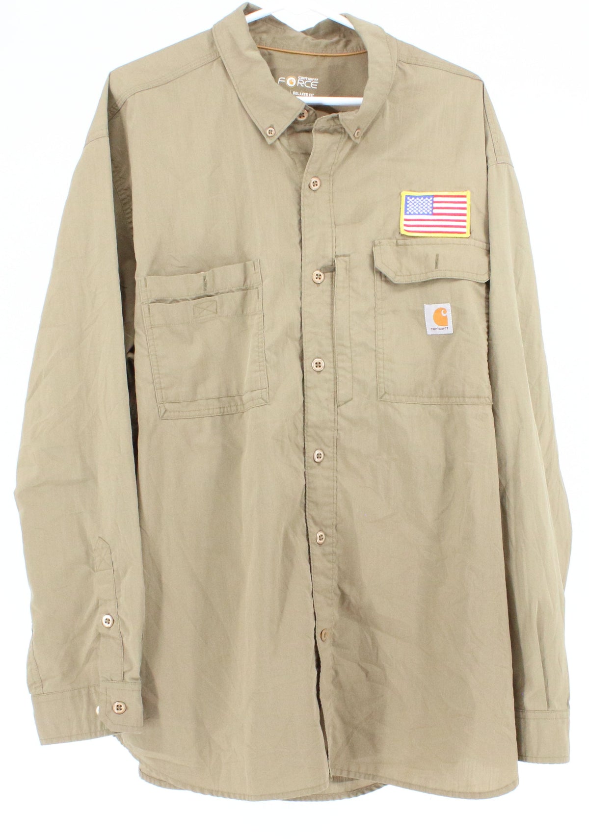 Carhartt Force Relaxed Fit USA flag Patch Brown Cargo Shirt
