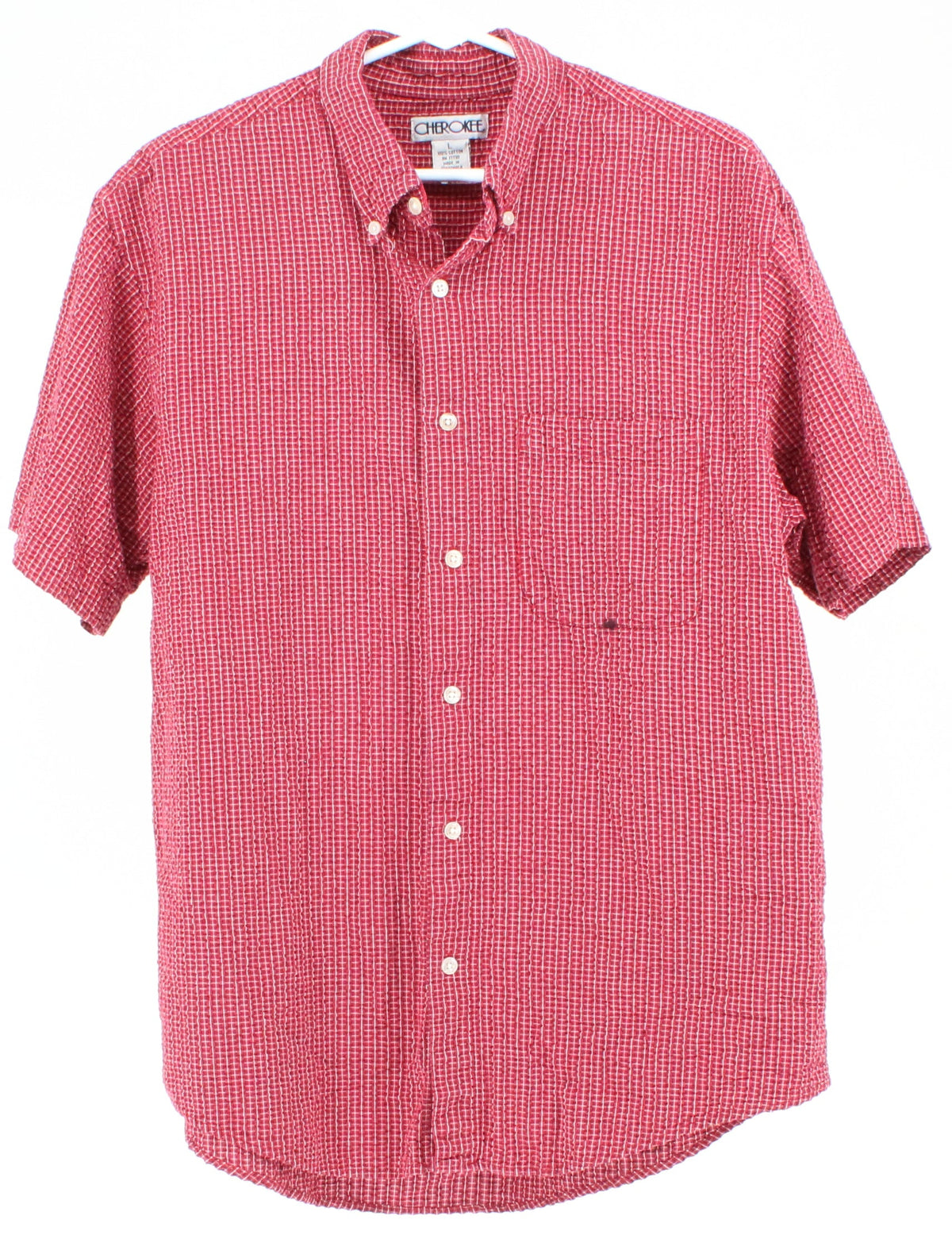 Cherokee Red Check Print Crumbled Texture Short Sleeve Shirt
