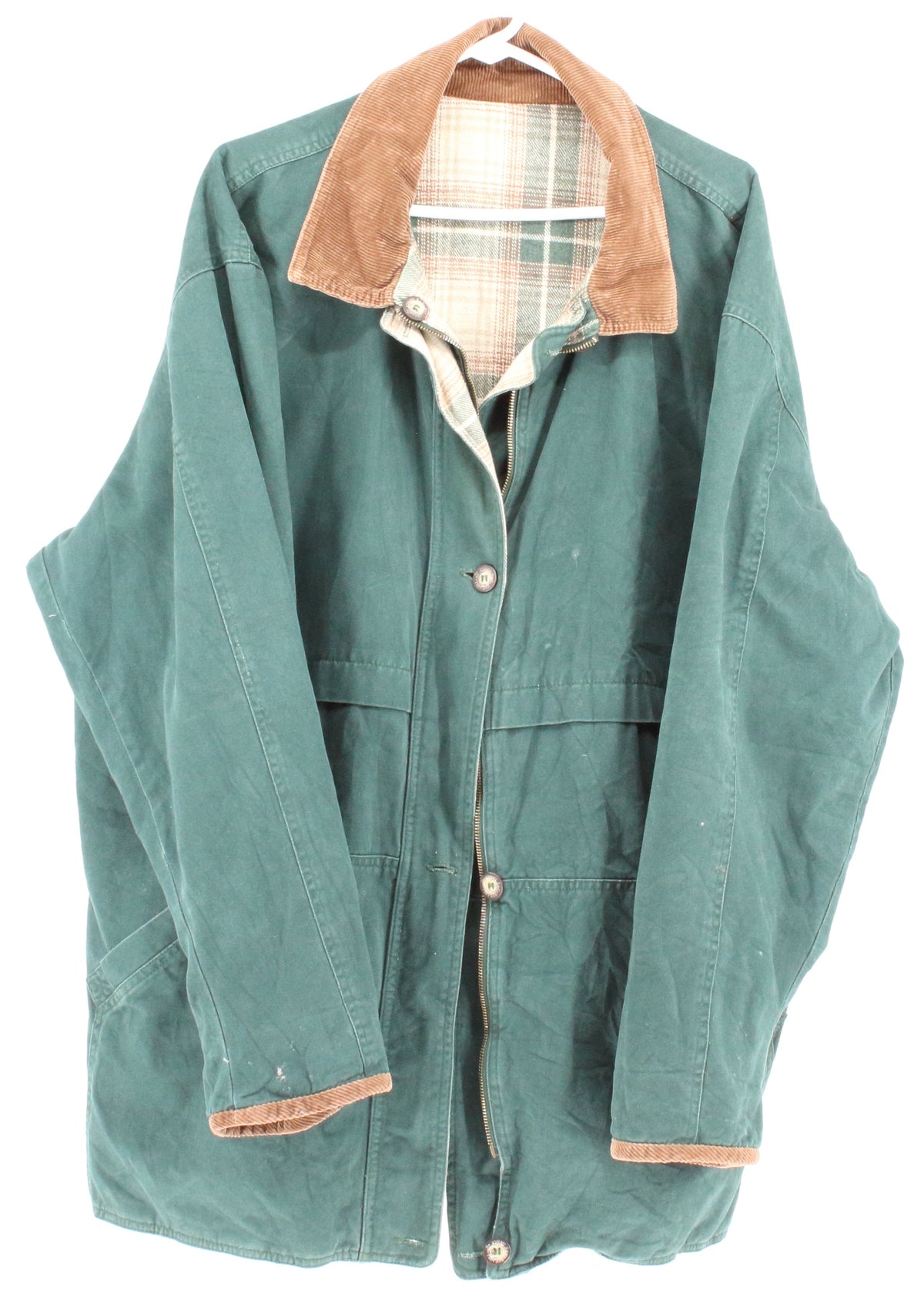 Dark Green Beige Flannel Lined Reversible Jacket