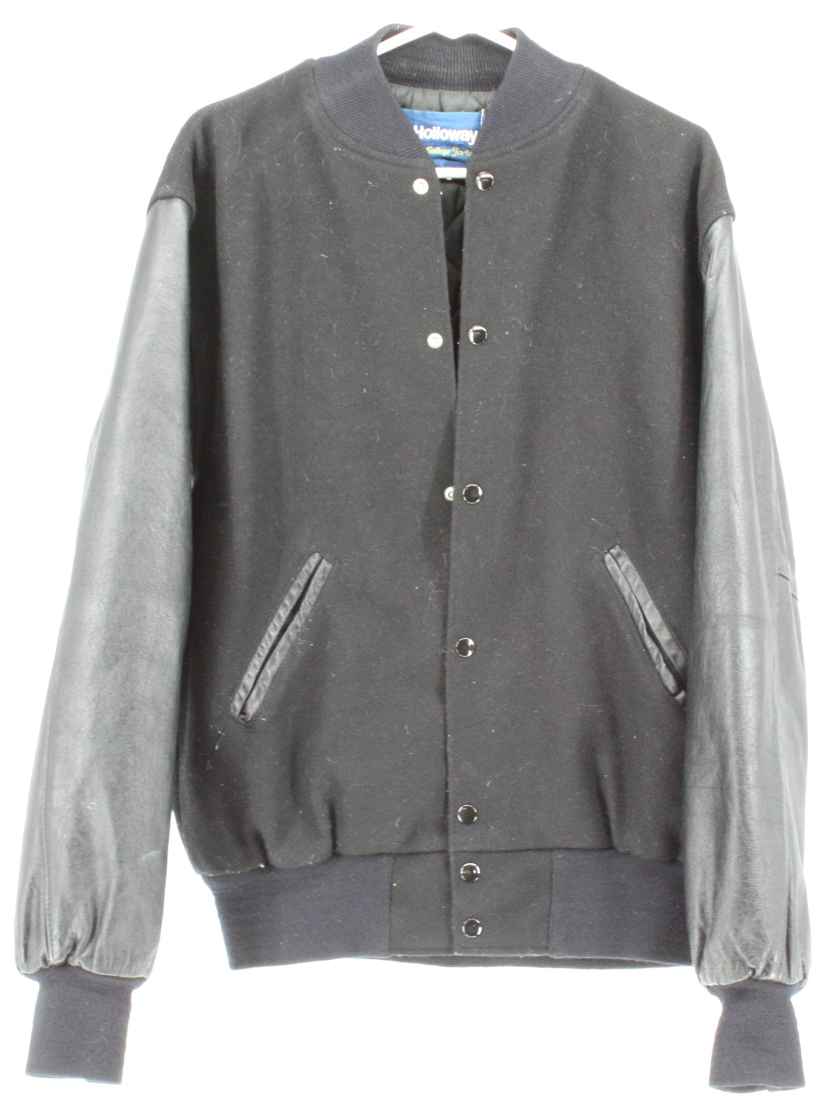 Holloway Black Button Up Leather Sleeve Varsity Jacket