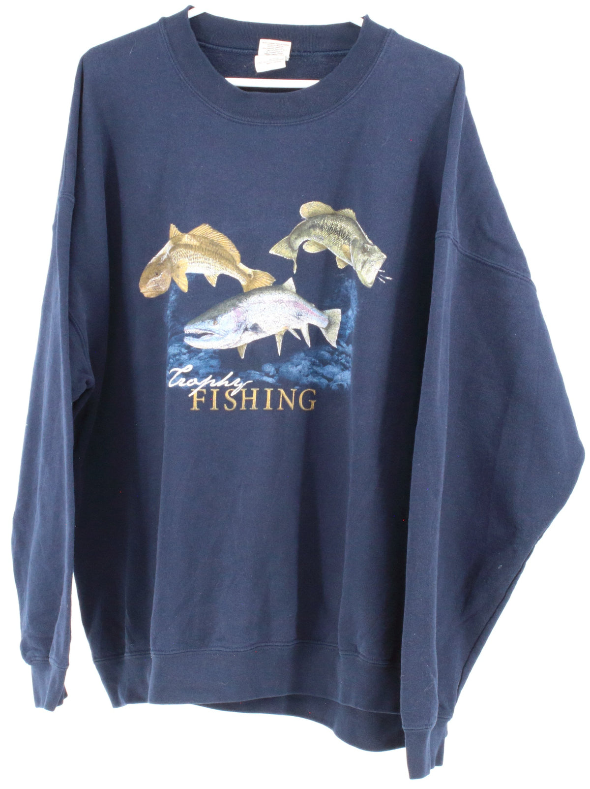 Gildan Heavy Blend Navy Blue Trophy Fishing Front Graphic Sweatshirt