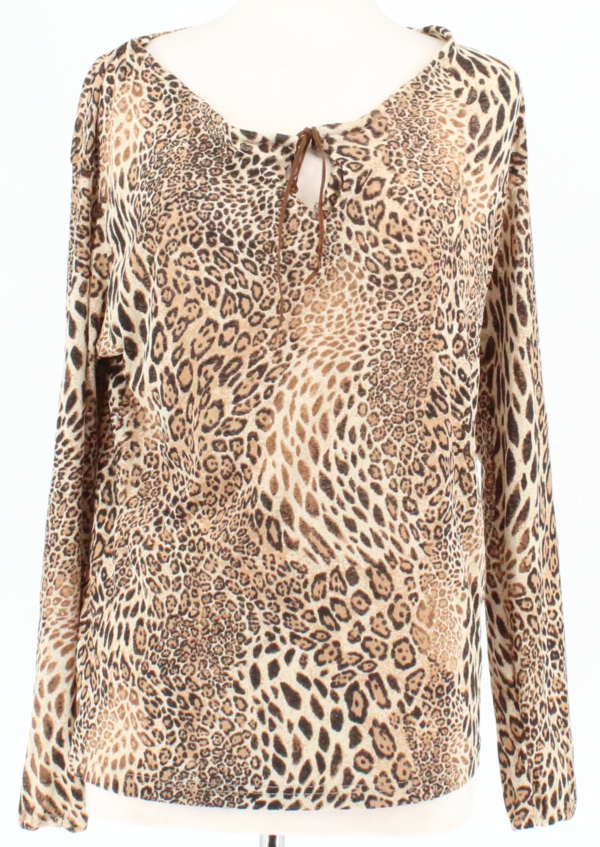 Faded Glory Beige Cheetah Print Mesh Front Neck Tie Top