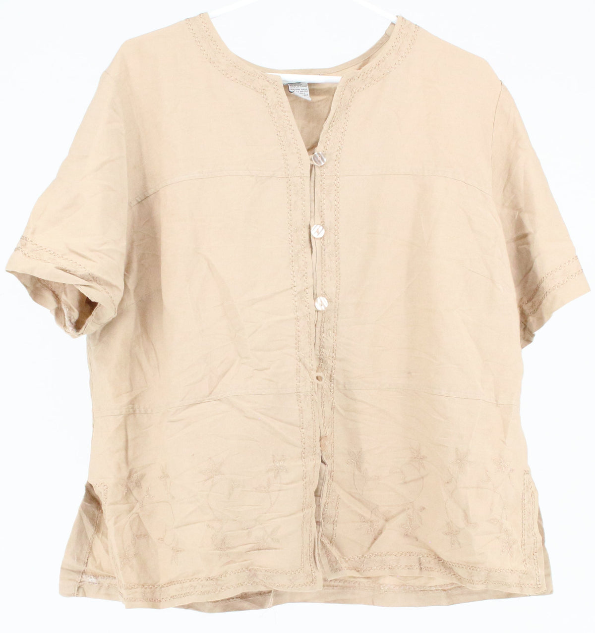 Joy & Peace Beige Embroidered Front Button-up Top