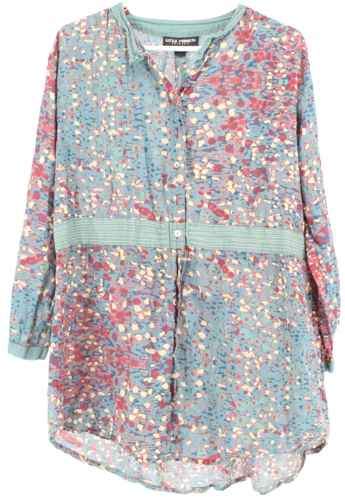 Little Journeys Turquoise Printed Button Up Long Sleeve Top