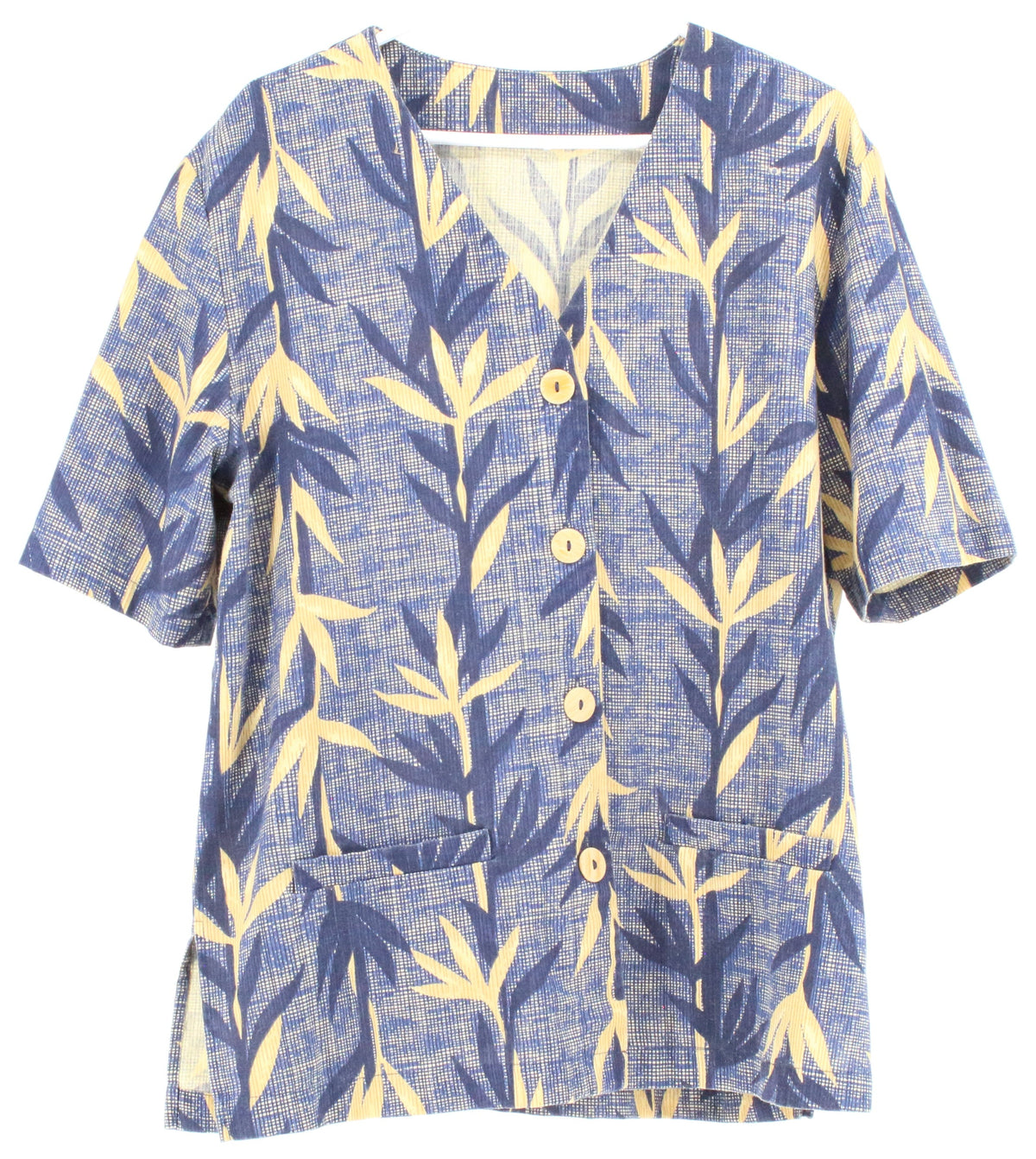 Blue & Yellow Printed V-Neck Button-Up Top