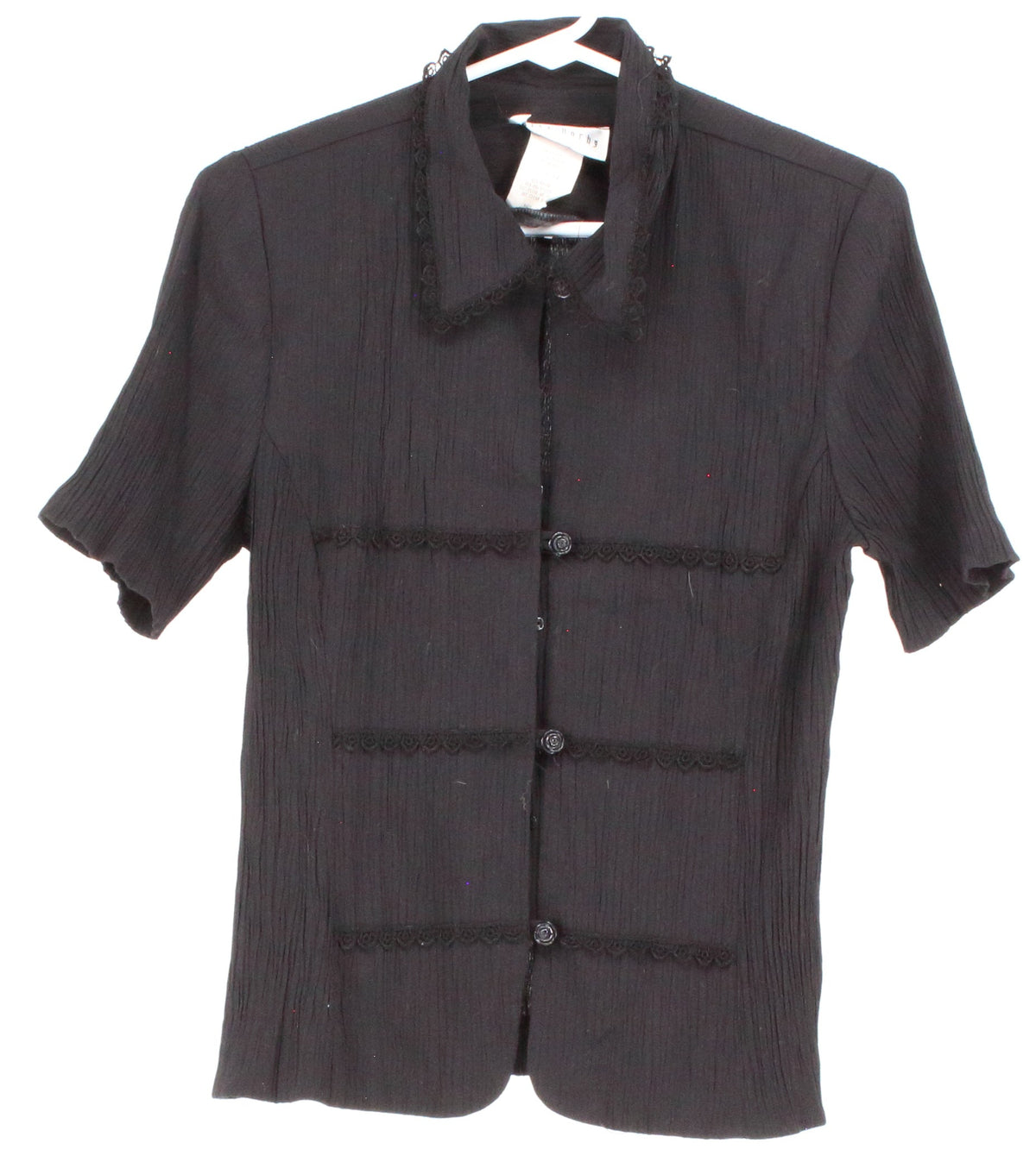 Miss Dorby Black Crushed Fabric Lace Button-Up Top