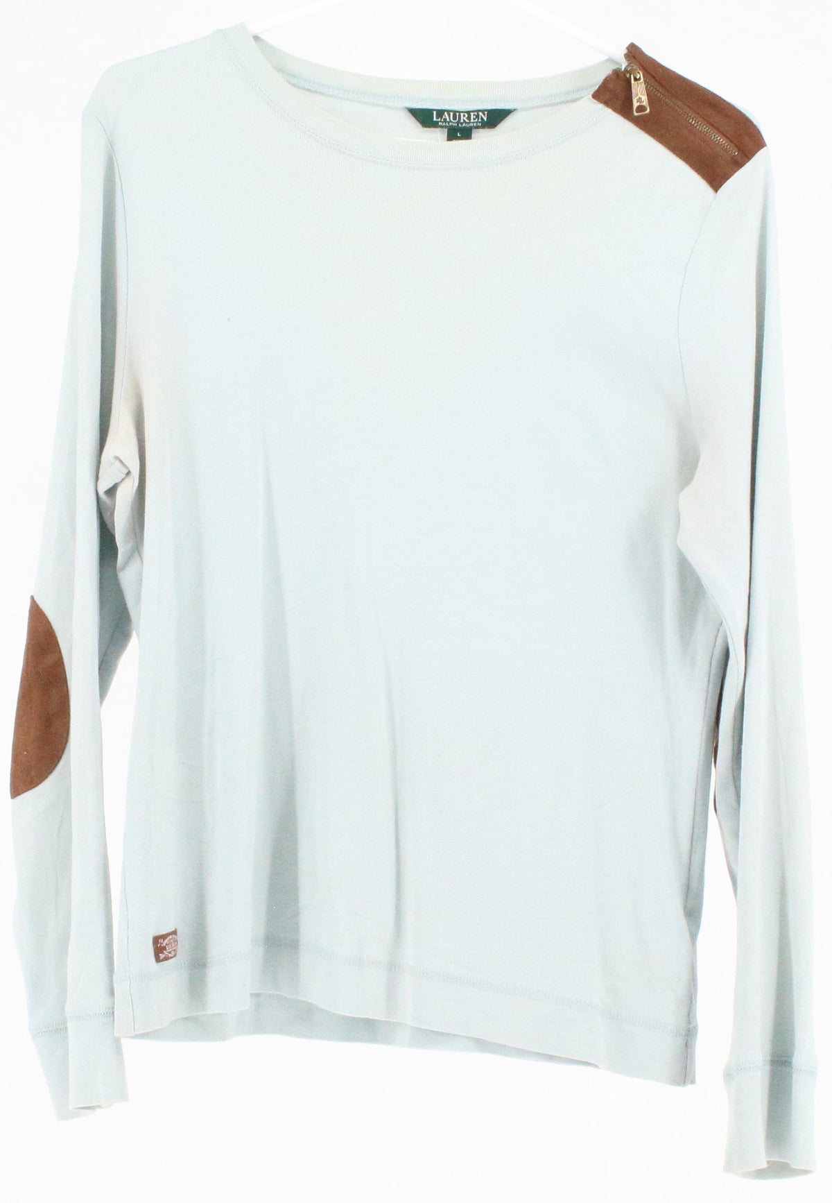 Ralph Lauren Mint Green Round Neck Top With Brown Elbow Patch