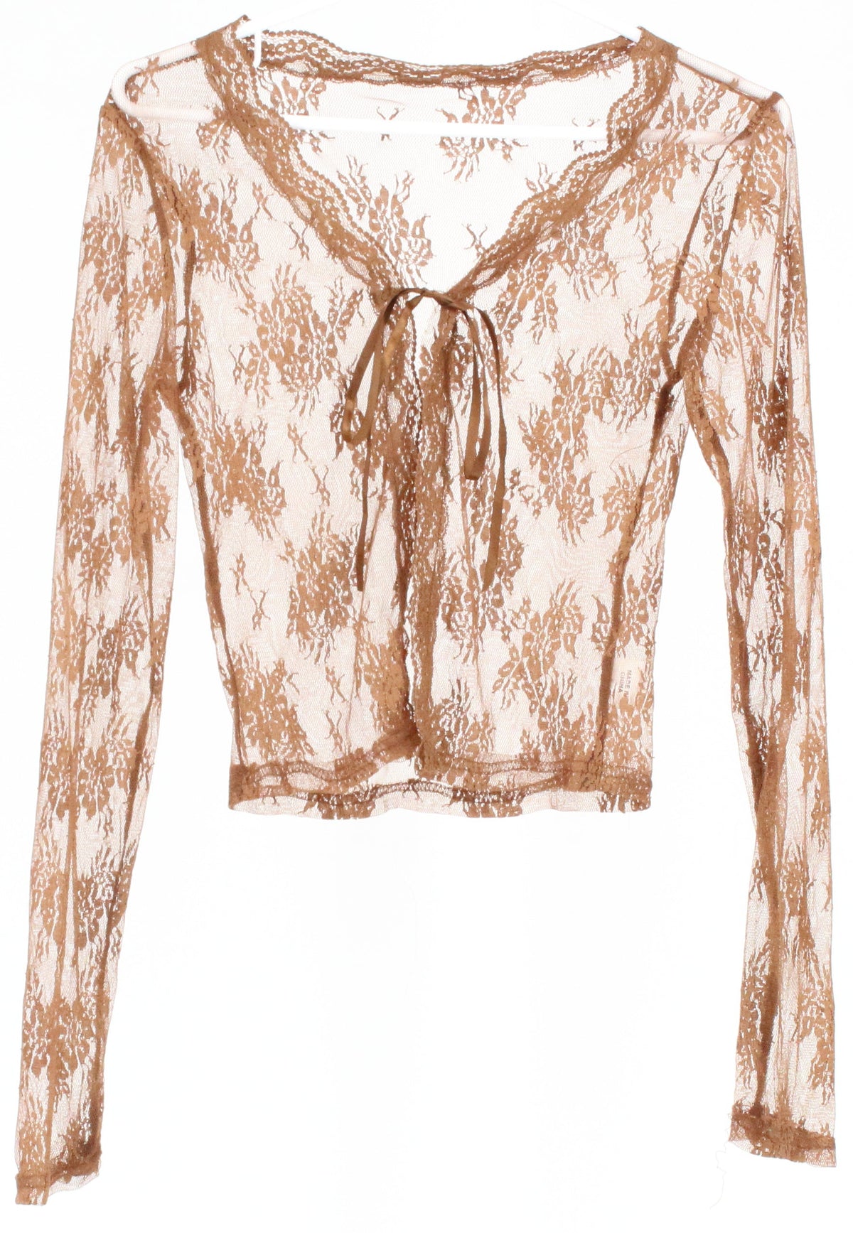 Brown Mesh Front Tie Cropped Cardigan