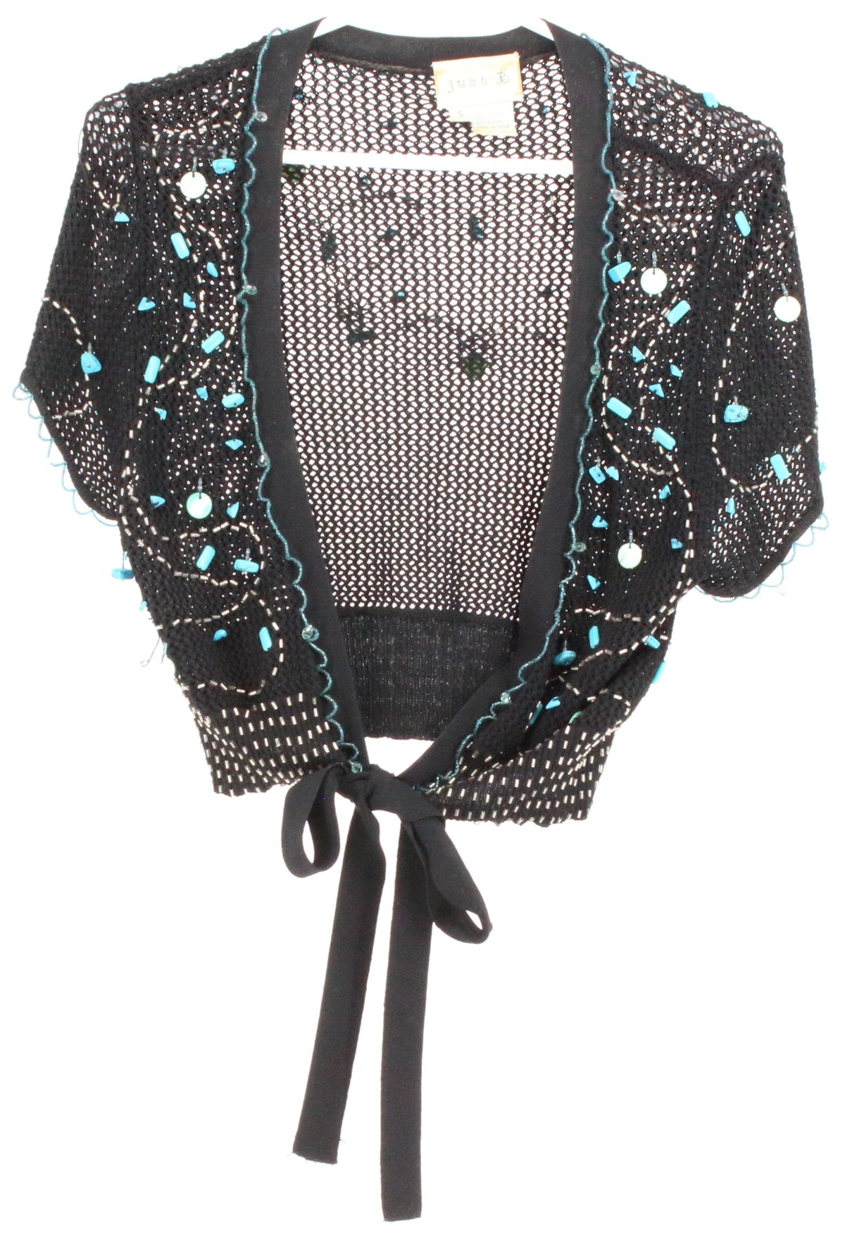 Just B Black Knit Turquoise Beads Tie up Cropped Cardigan