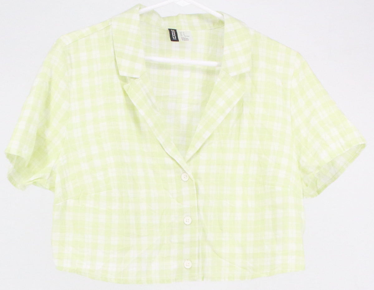 Divided H&M Pastel Green & White Check Print Cropped Button-Up Short Sleeve Shirt