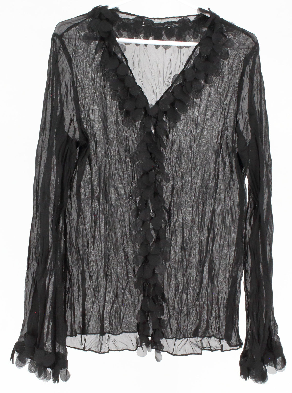 Black V- Neck Tulle Button-Up Crinkled Mesh Top