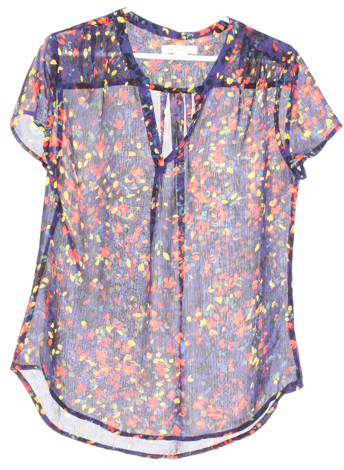 Liz Claiborne Navy Blue V-Neck  Petal Print Short Sleeve Top