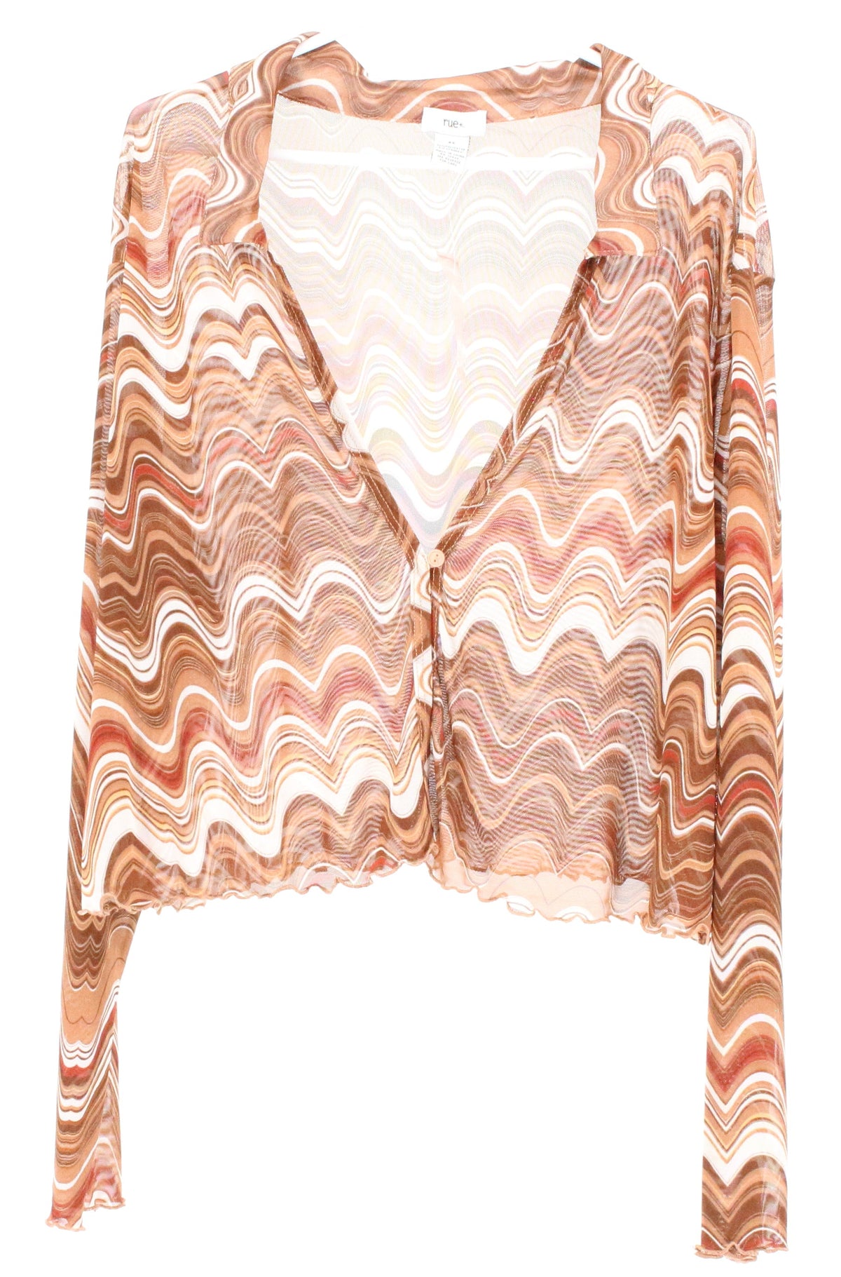 Rue+ Brown & Beige Printed V Neck Front Button Mesh Net Long Sleeve Cropped Cardigan