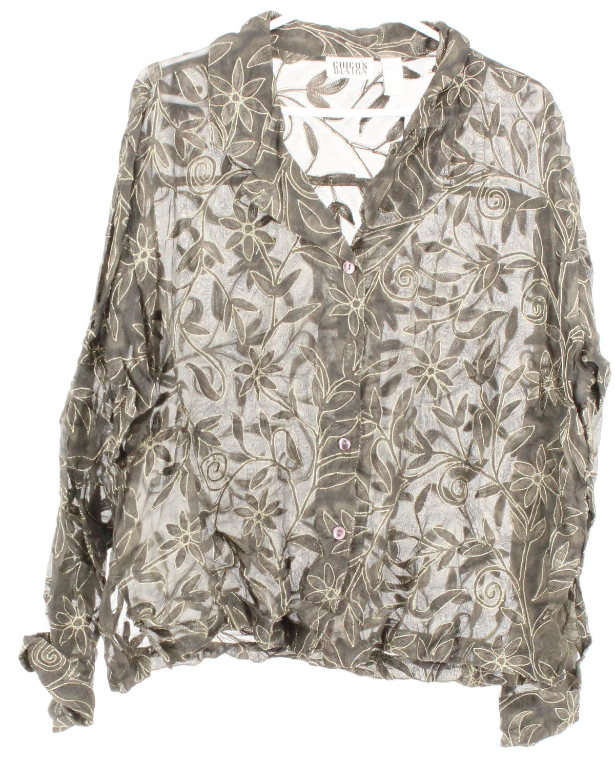 Chico's Design Army Green Silk Embroidered Button-Up Shirt