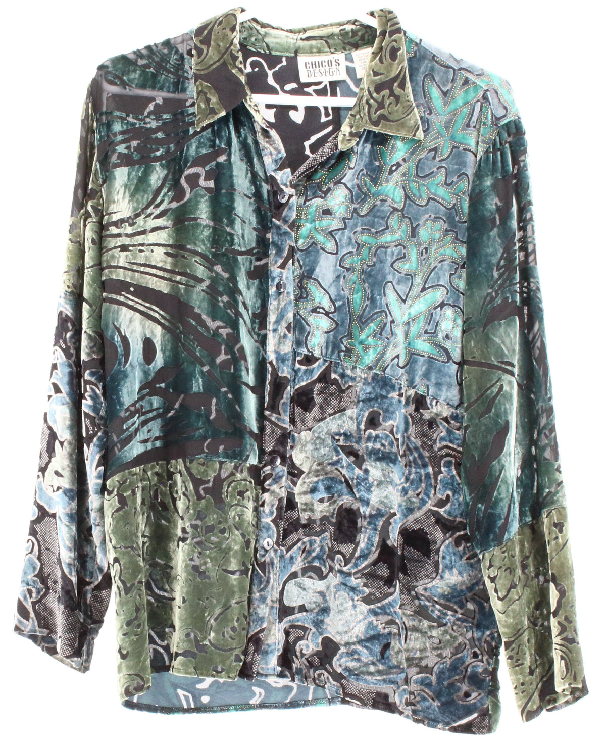 Chico's Design Dark Green Velvet On Mesh Long Sleeve Shirt