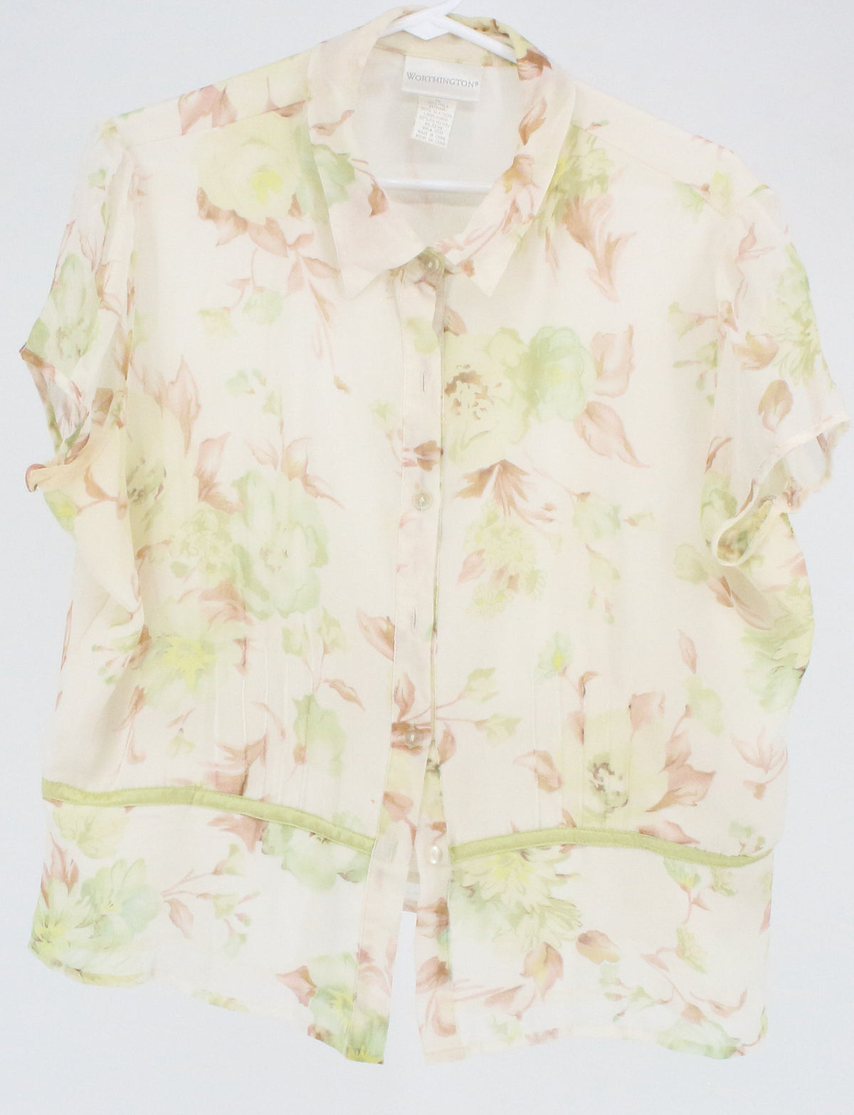Worthington Off-White Floral Print Button-up Short Sleeve Top