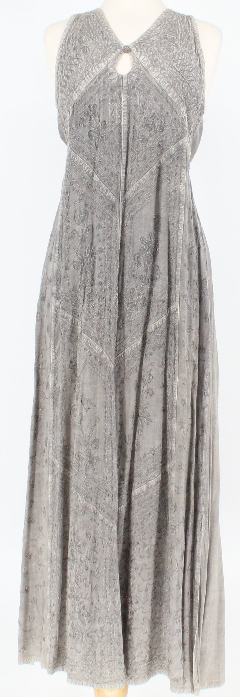 Grey Embroidered V-Neck Back Tie Long Dress