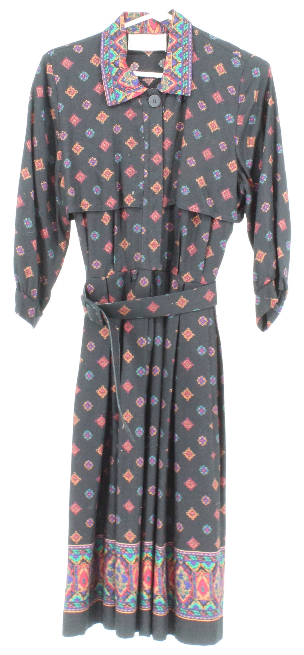 La Petite Connection Black Printed Button-Up Belted Mid Dress