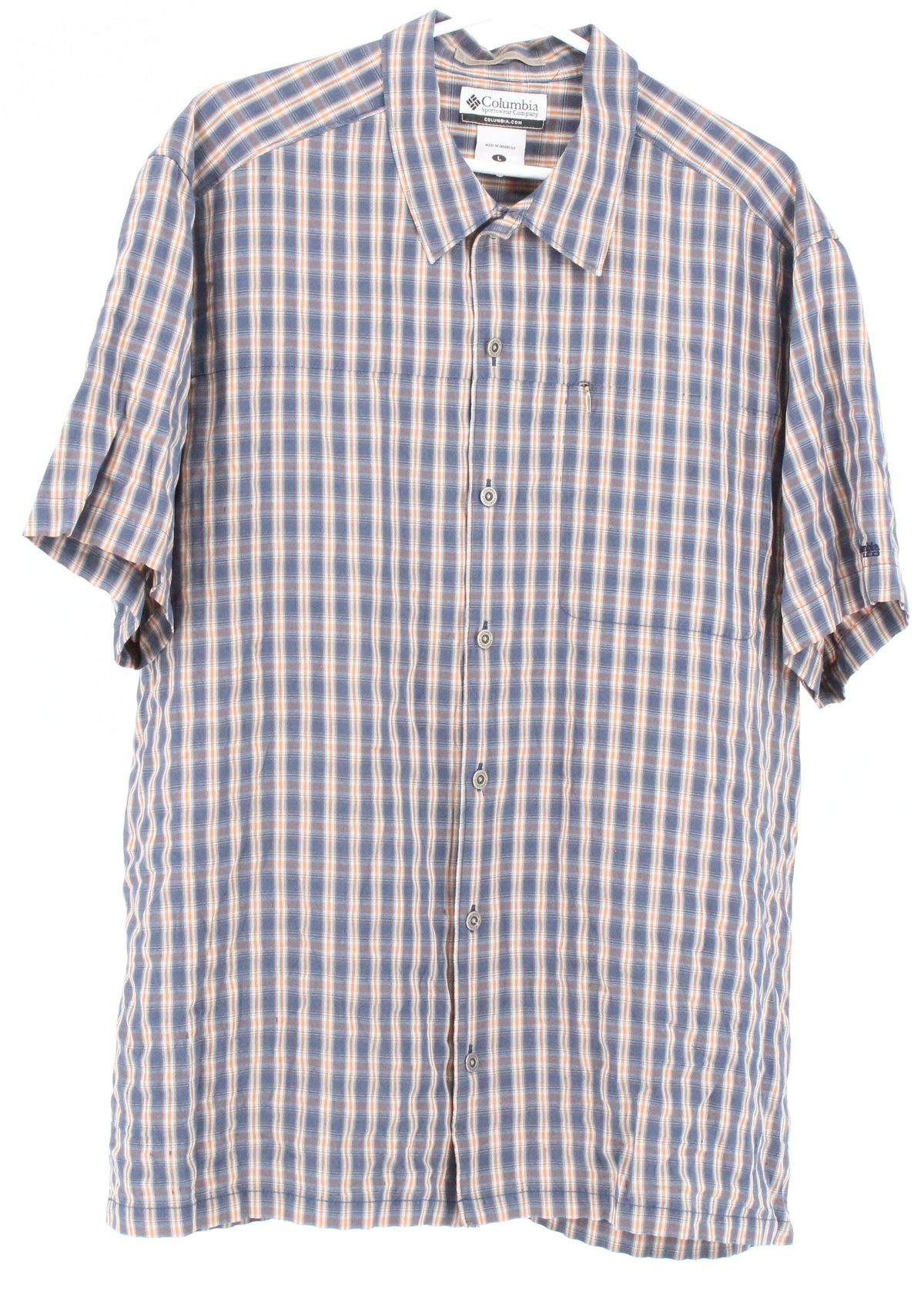 Columbia Sportswear Company Blue & Beige Check Print Zipped Front Pocket Short Sleeve Shirt