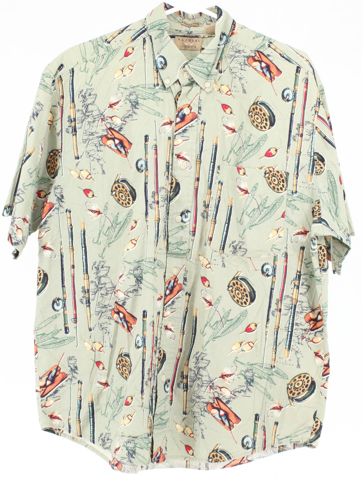 Natural Issue Green Fishing Print Button-Up Short Sleeve Shirt
