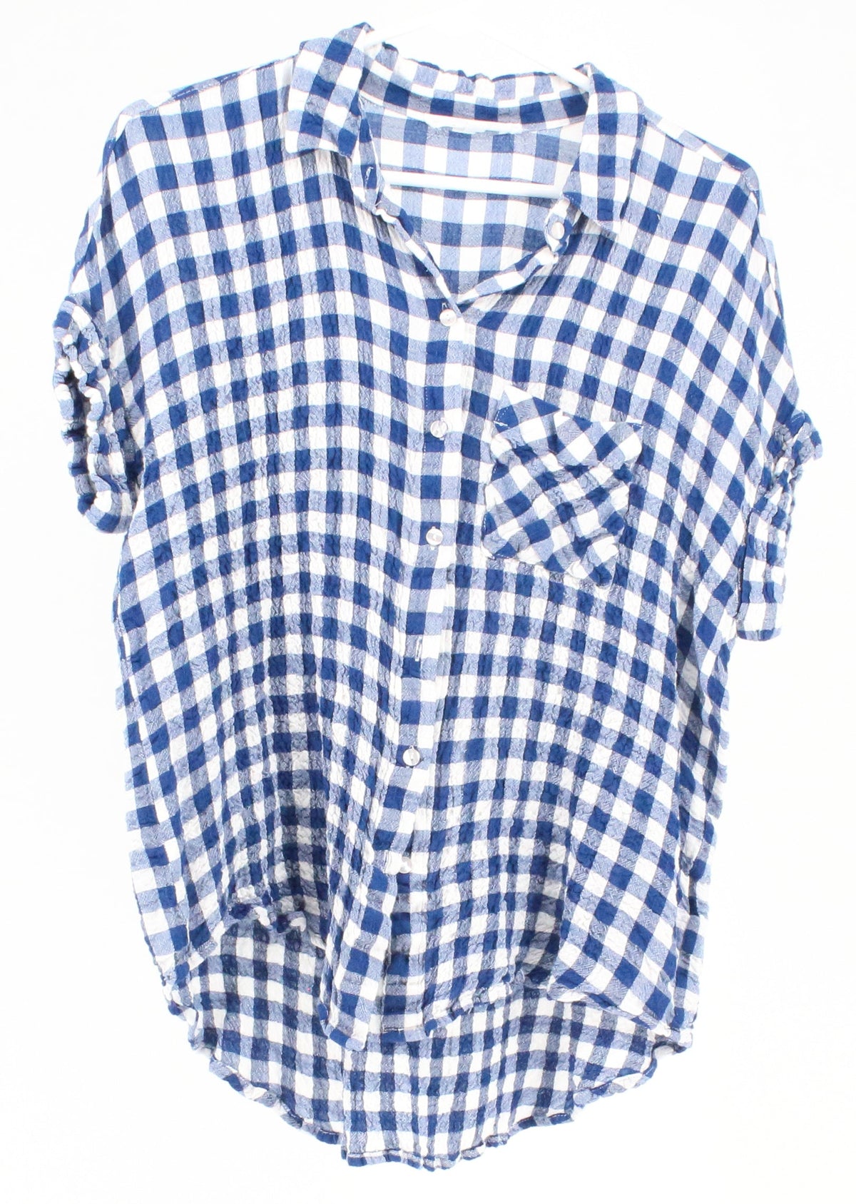 Jane + Delancey Blue & White Crinkled Fabric Check Print Short Sleeve Shirt