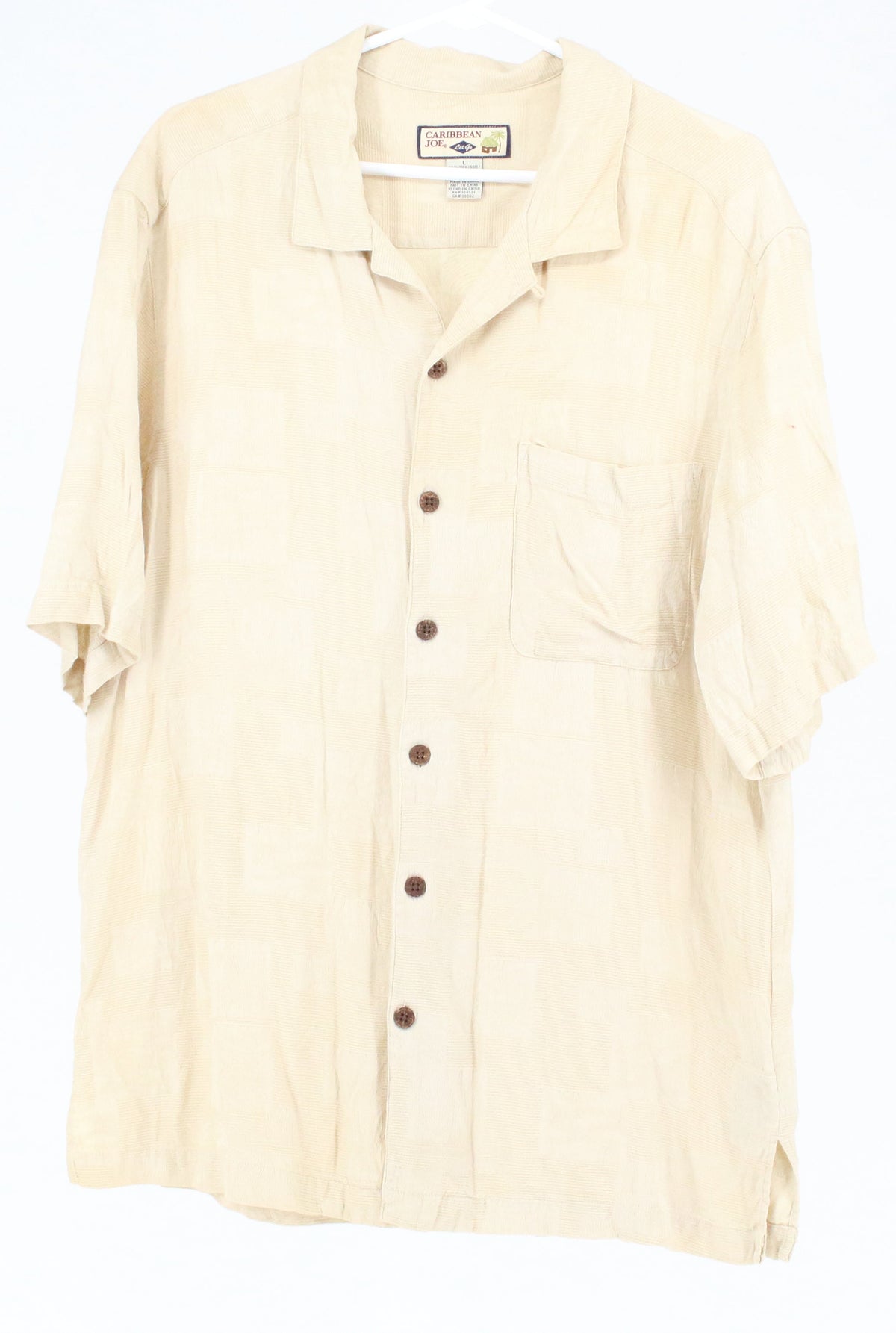 Caribbean Joe Beige Textured Fabric  Button-Up Short Sleeve Shirt