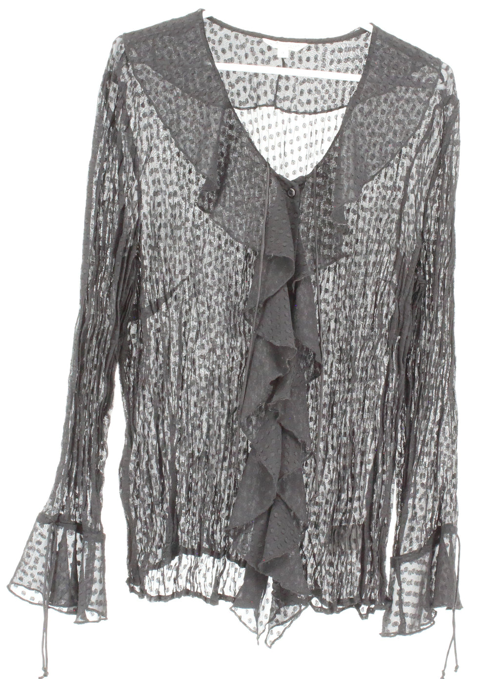 Jessica Plus Black V-Neck Crinkled Fabric Ruffle Button-Up Sheer Mesh Blouse