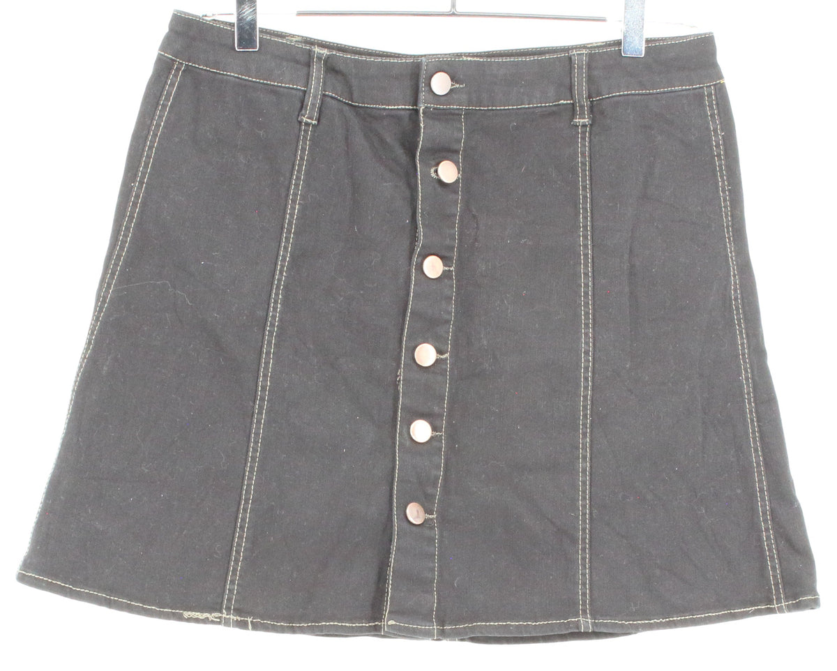 Falls Creek Black Front Button-Up Denim Mini Skirt