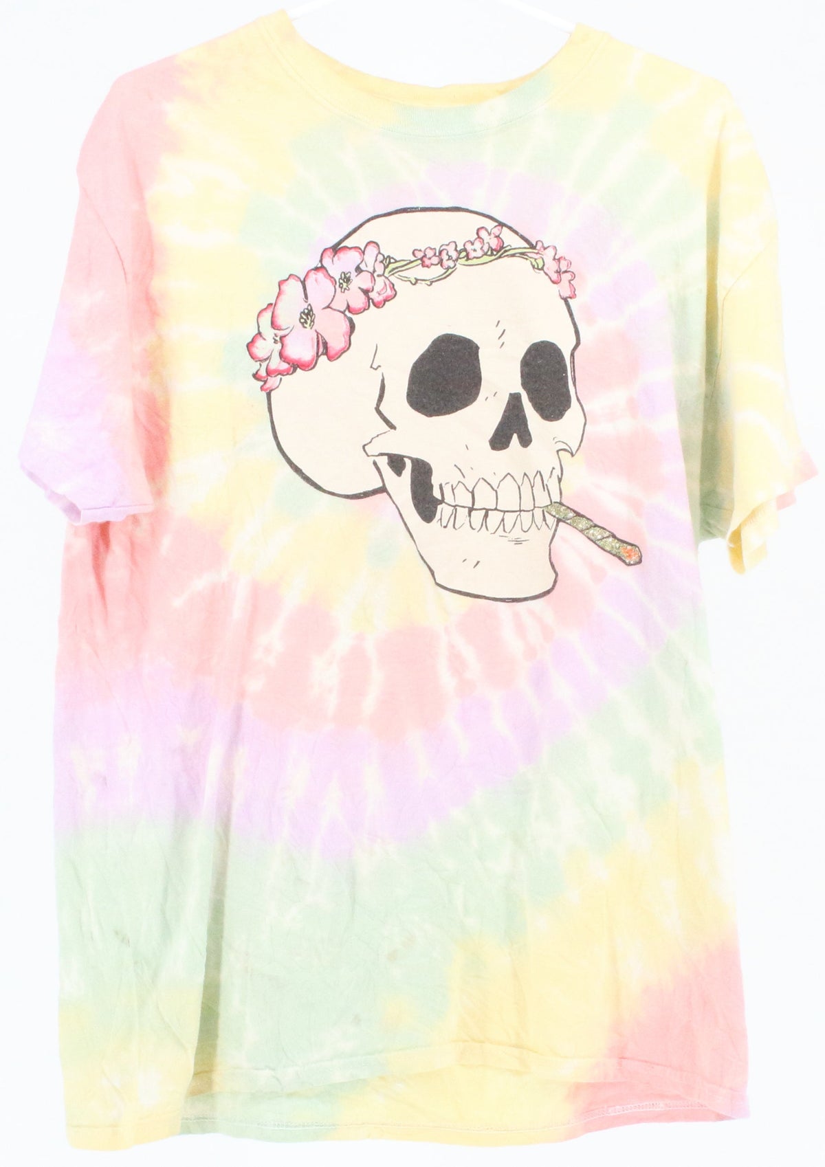Jenny Lewis Multi Color Tie Dye Print Skull Front Graphic and Back "Heads Gonna Roll" Graphic T-Shirt