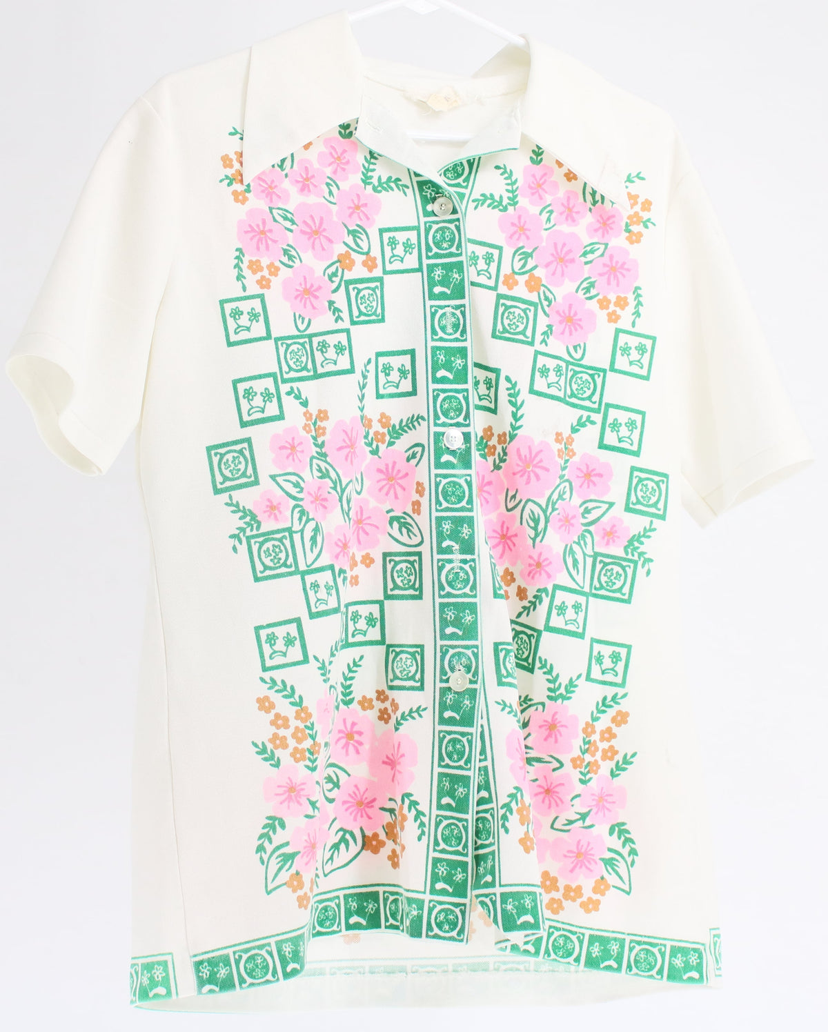 White Button Up Floral Print Short Sleeve Top