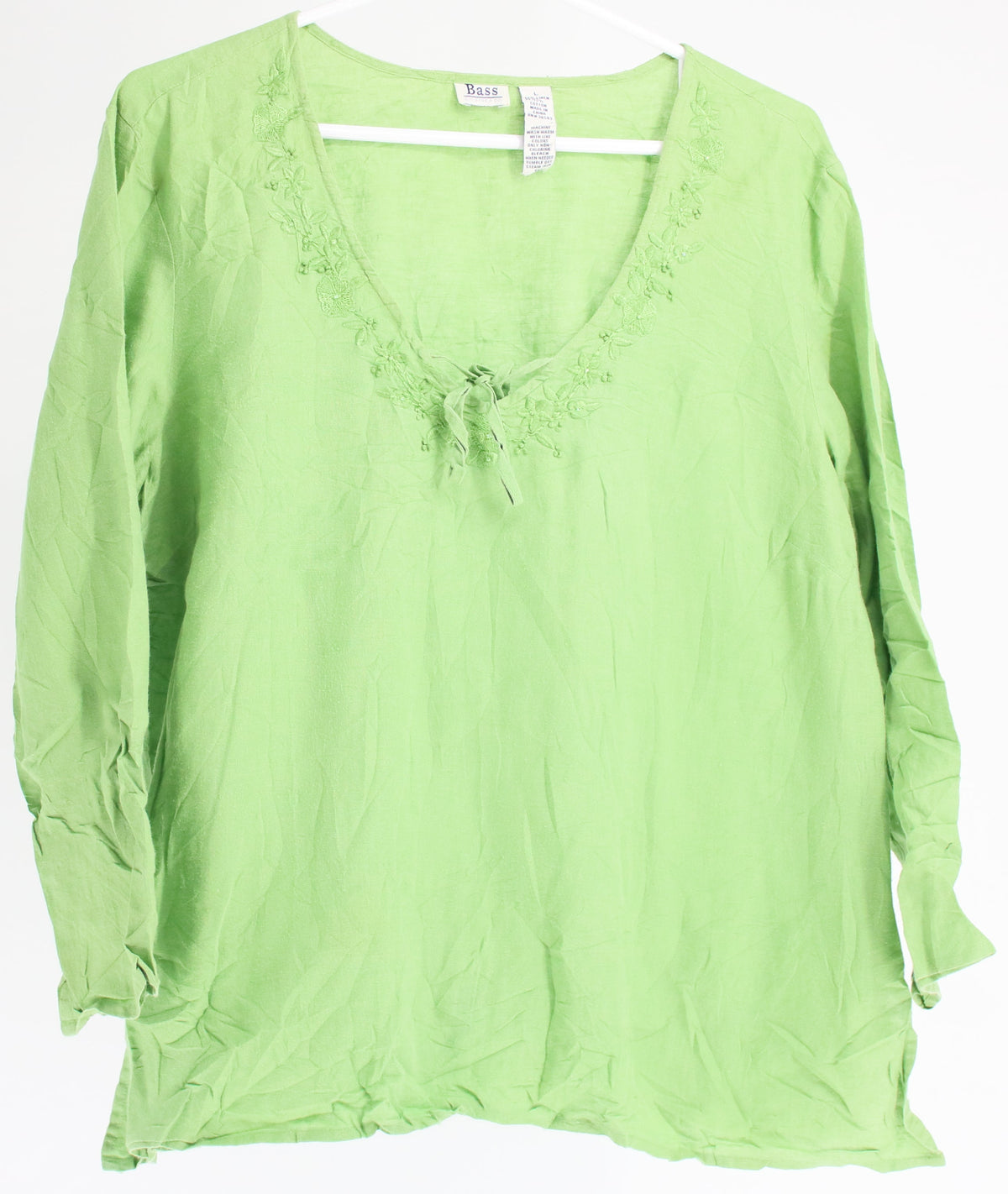 Bass Green V-Neck Embroidered Neck Front Tie Top