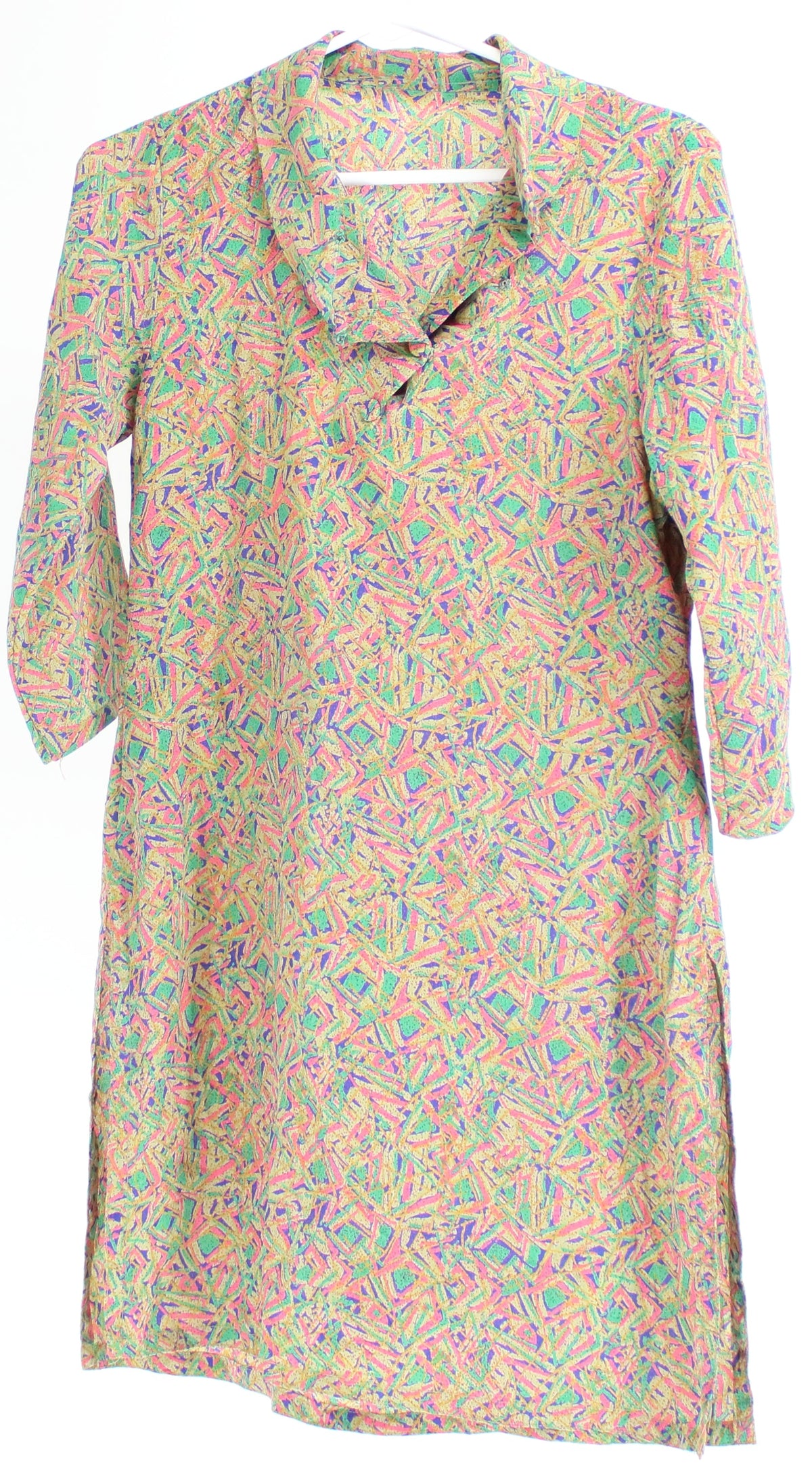 Multi Colored Print Buttoned Collar Long Top With Side Slits