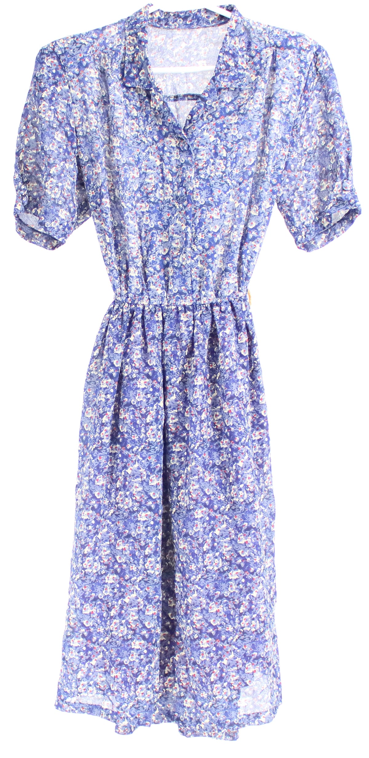 Blue Floral Print Belted & Button Up Short Sleeve Mid Dress