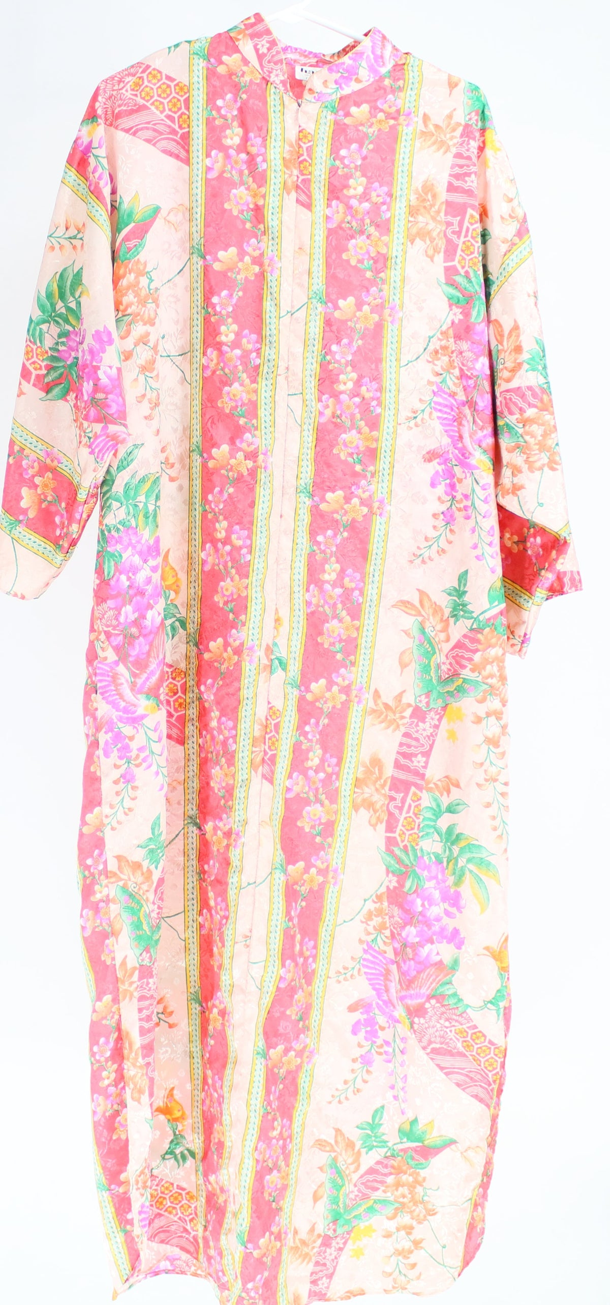 Hanes Pink Floral Print Chinese Collar Front Zip Long Dress With Side Slits