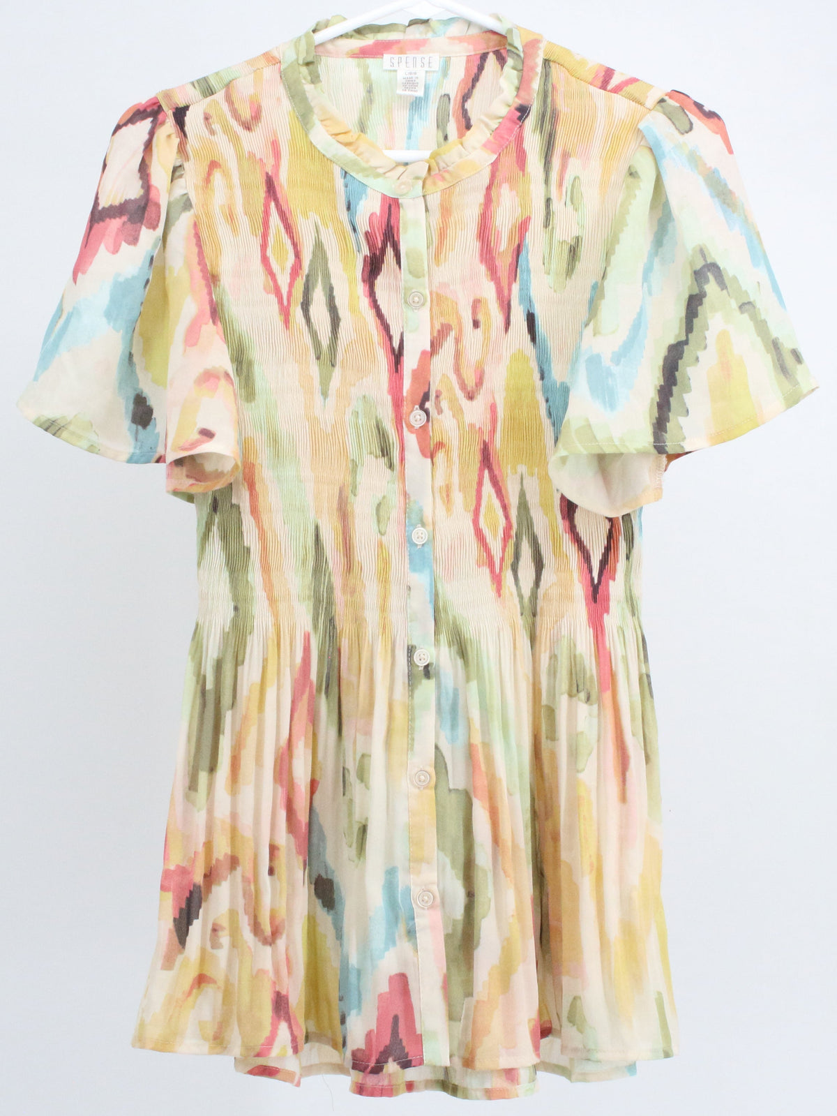 Spense Beige Multi-Color Print Crinkled Button Up Top